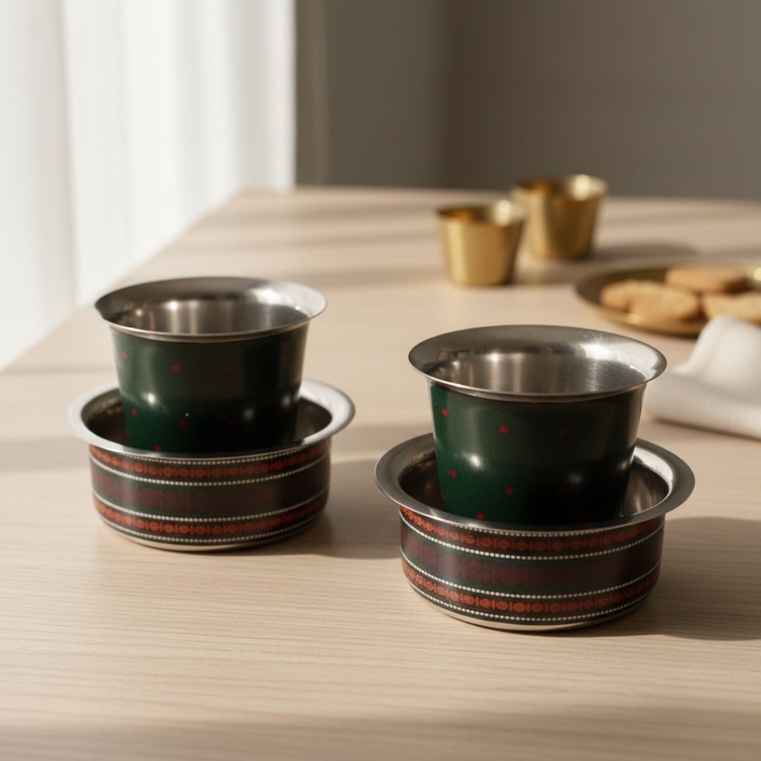 Handcrafted pure brass kitchen masala box with Kanjeevaram-inspired etching, adding timeless Indian elegance.
