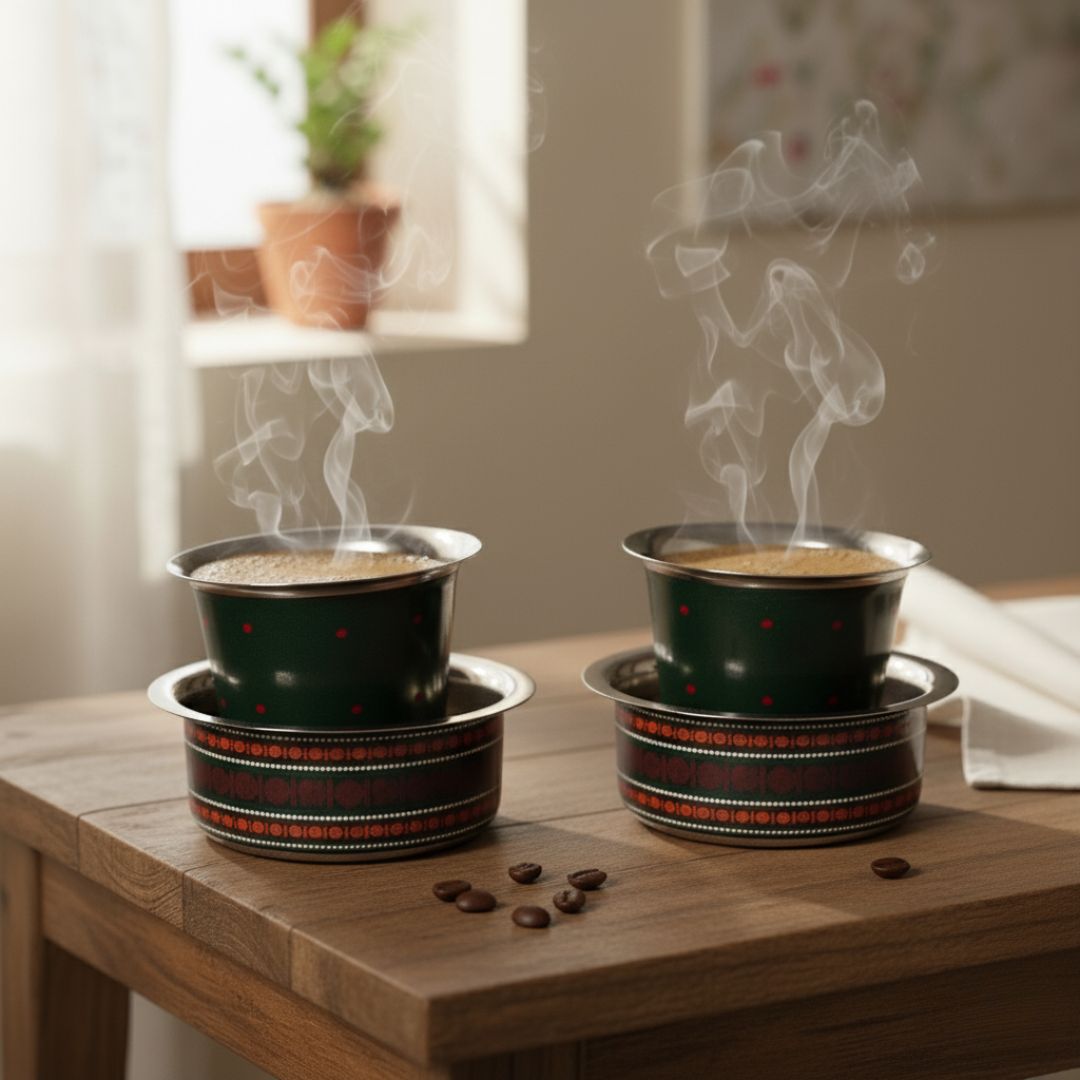 Coffee Dabara Set made in Steel with Enamel work in a Kanjeevaram design theme| Coffee Mug & Bowl