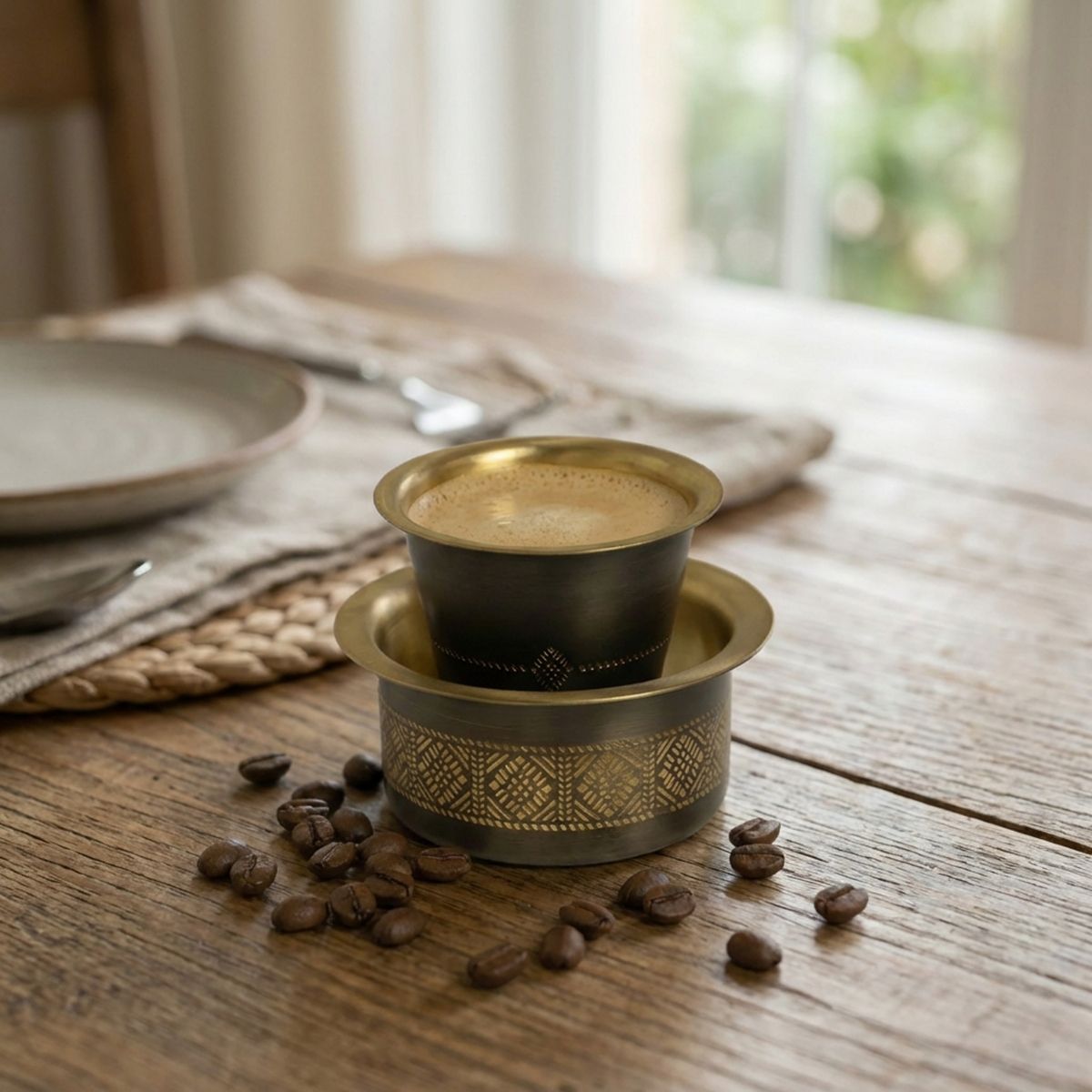 Coffee Dabara Set made with Pure Brass in an Antique Kanjeevaram design theme