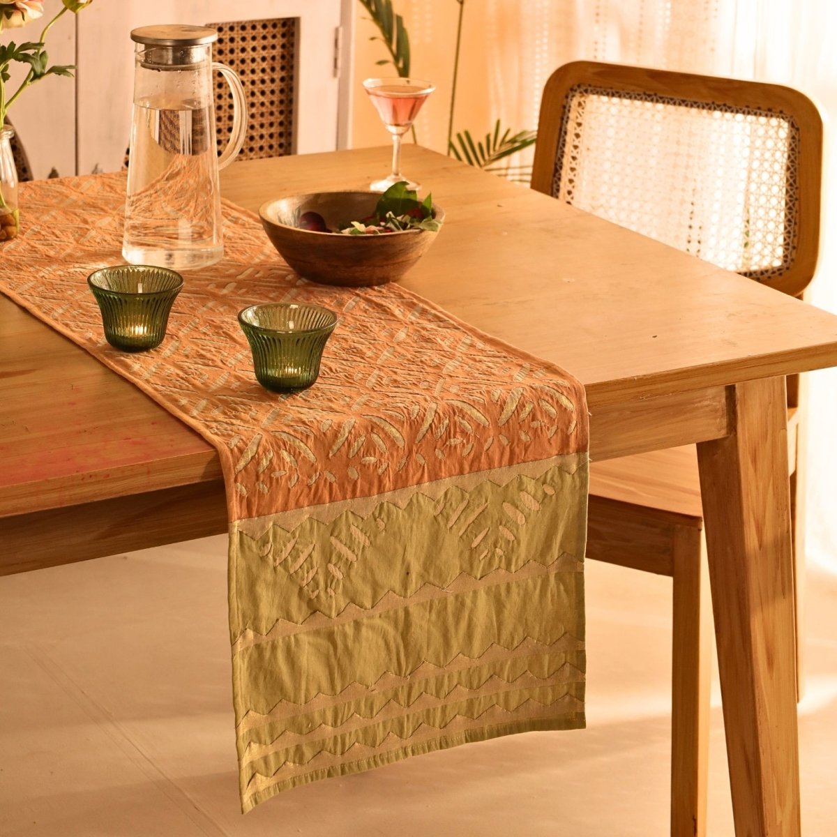 Coral & Sage Green Applique Cotton Dining Table Runner 15" x 60" Marigold Collection