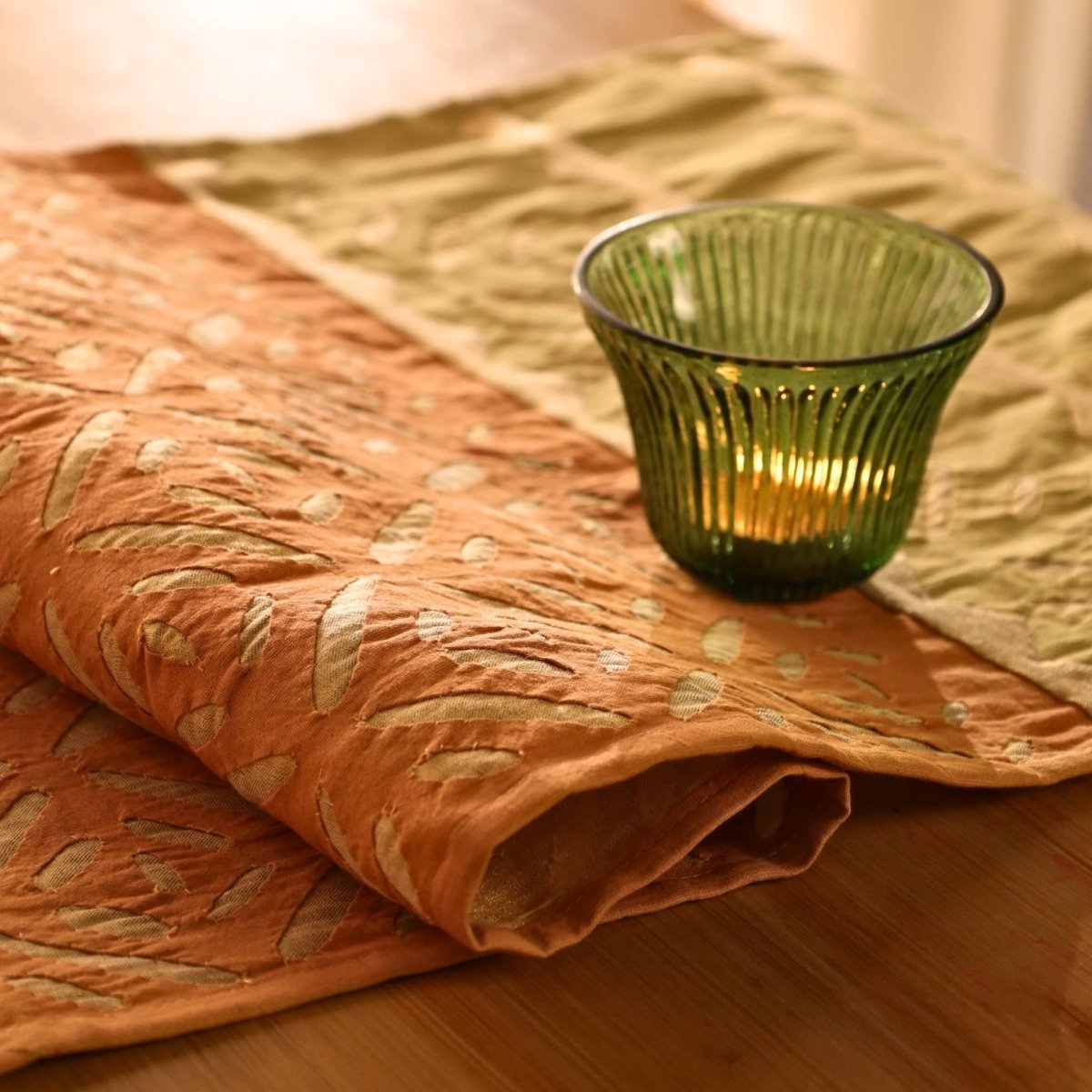 Coral & Sage Green Applique Cotton Dining Table Runner 15" x 60" Marigold Collection
