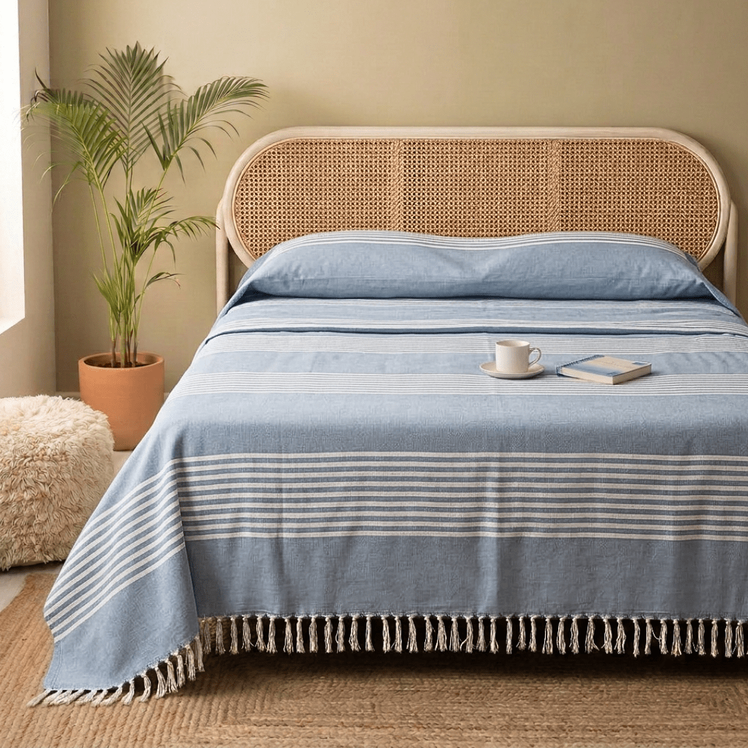 Cotton Bed Cover Handwoven in Blue and Off-white in a Striped design | Queen Size 90 x 108 inches