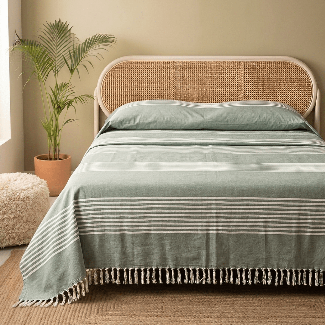 Cotton Bed Cover Handwoven in Green and Off-white in a Striped design | Queen Size 90 x 108 inches