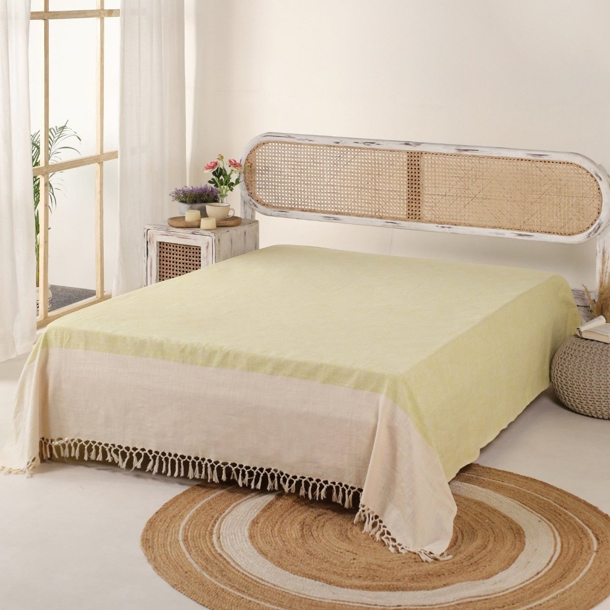 Beige And Leaf Green Pure Cotton Bedcover | Queen Size | Handprinted