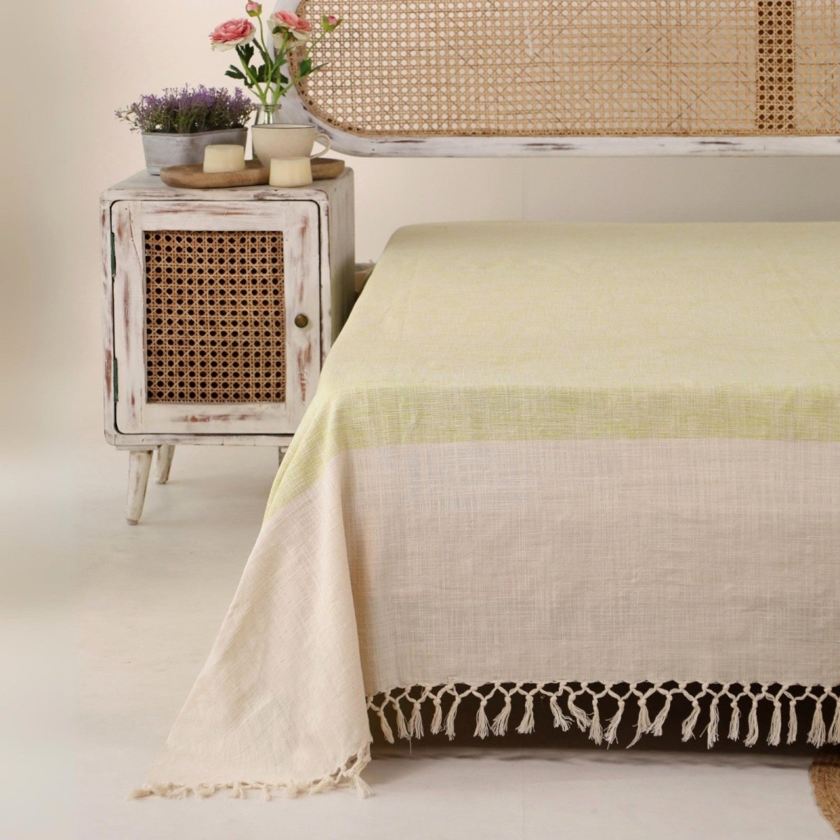Beige And Leaf Green Pure Cotton Bedcover | Queen Size | Handprinted