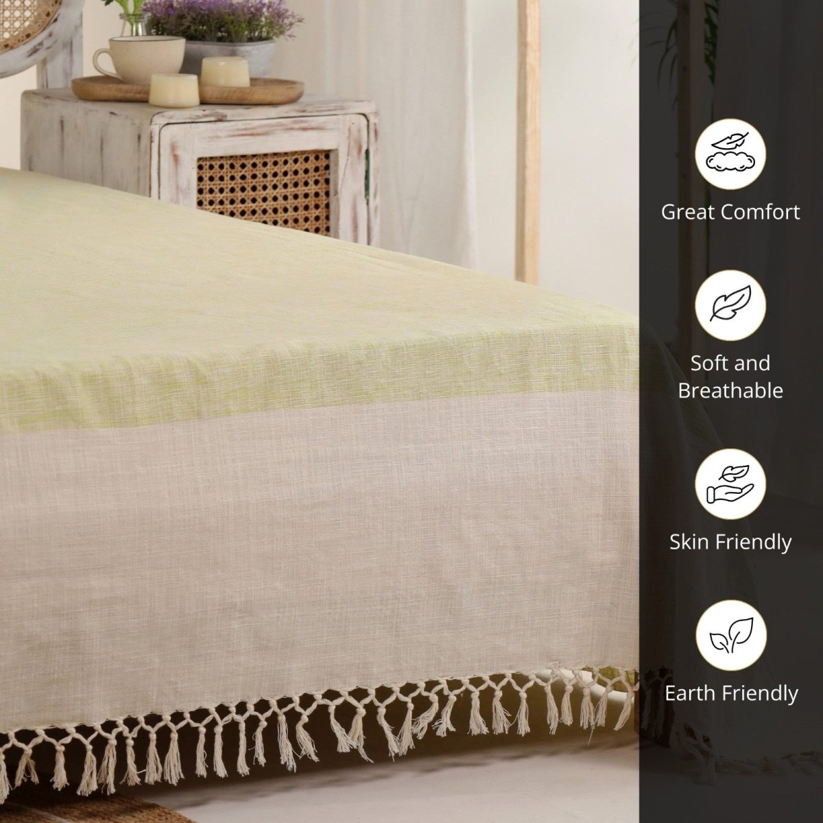 Beige And Leaf Green Pure Cotton Bedcover | Queen Size | Handprinted