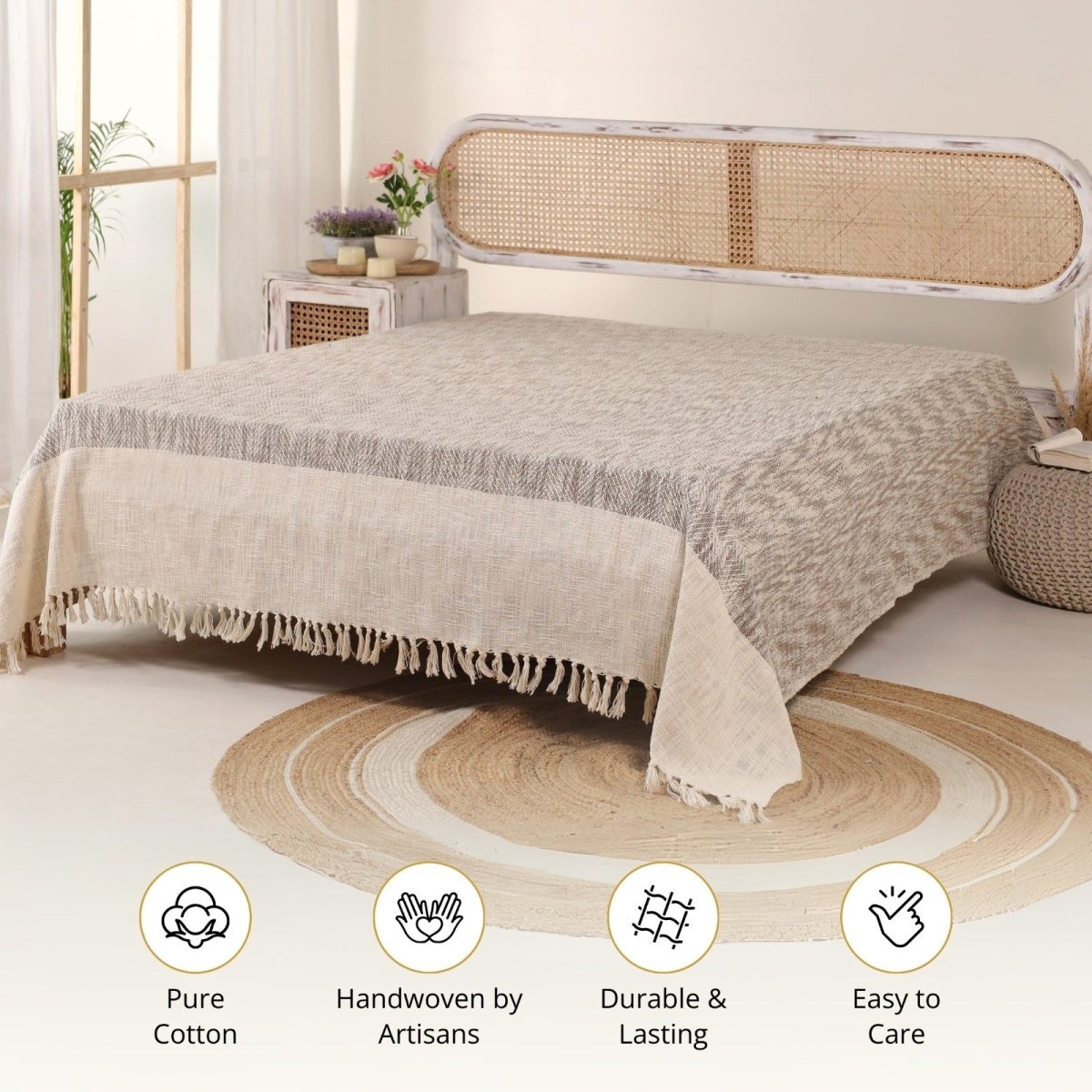 Earthy Brown Pure Cotton Bedcover | Queen Size | Handprinted