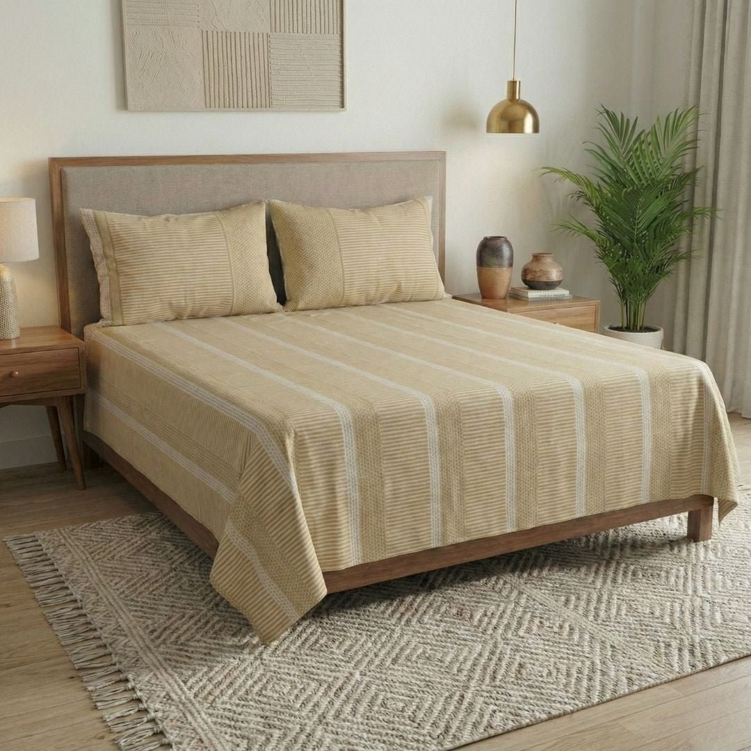 Beige & White Pure Cotton Textured Bedsheet | Queen and King Size | Handprinted