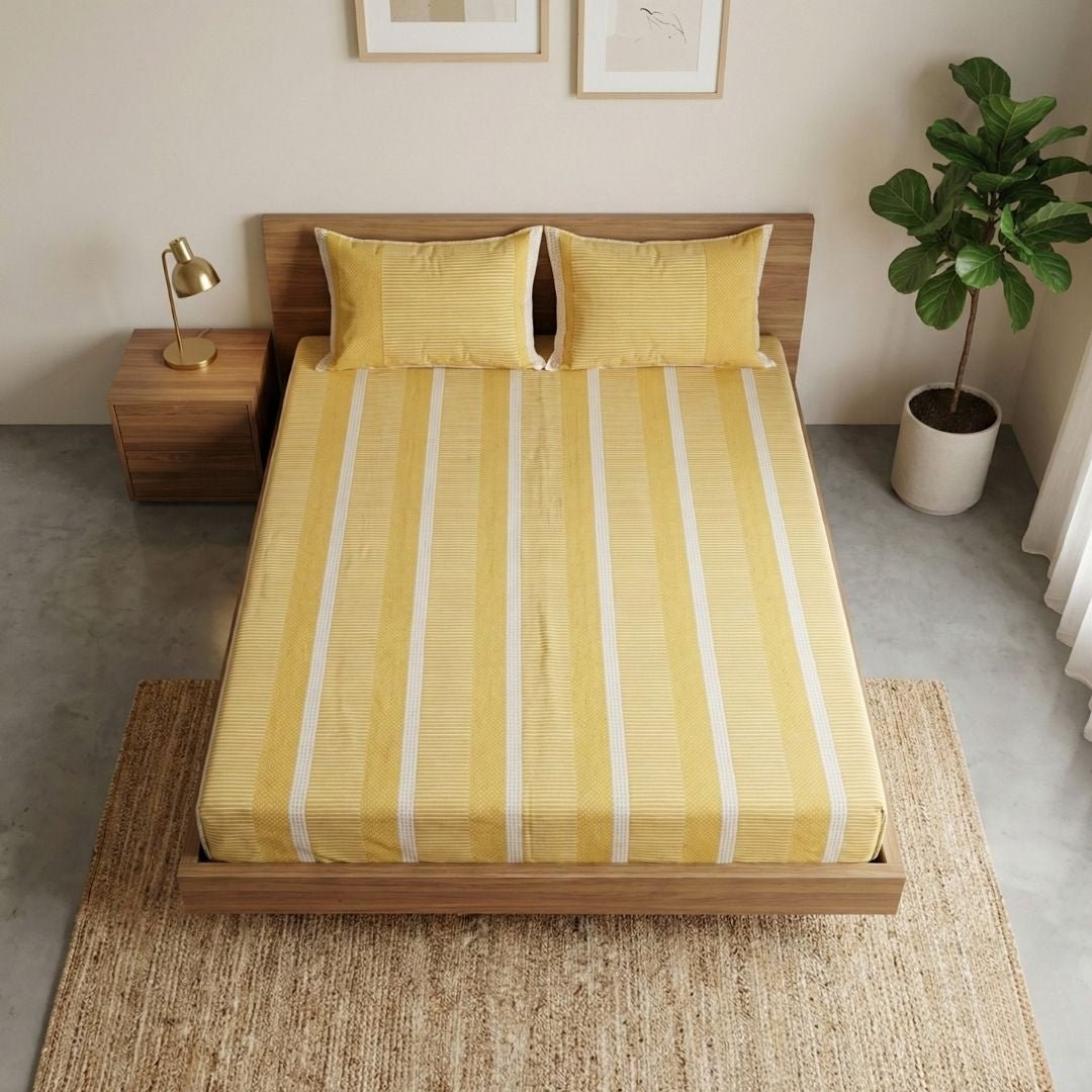 Mustard Gold and Off white Textured design along with Pillow Cover | Single Bed Size