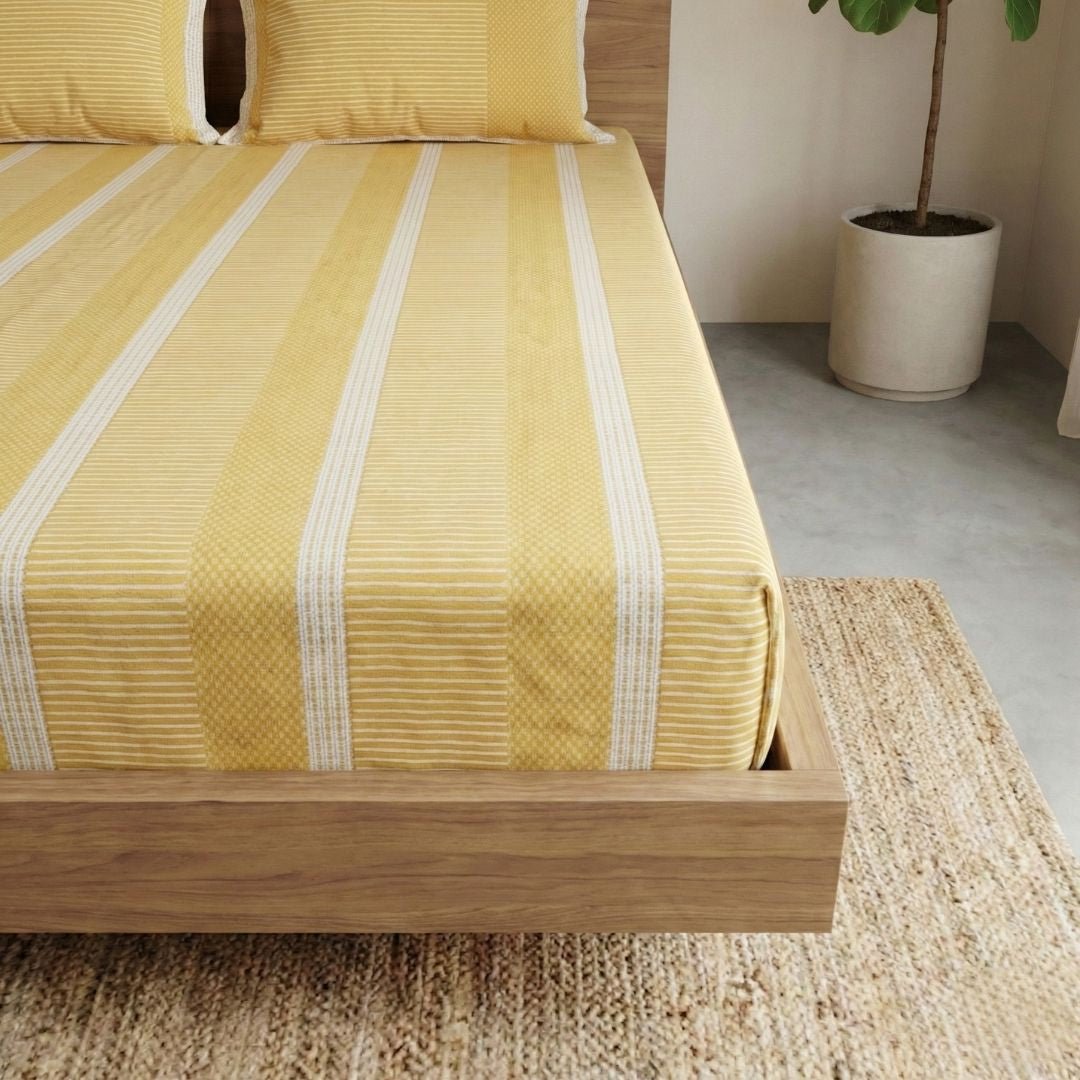 Mustard Gold and Off white Textured design along with Pillow Cover | Single Bed Size