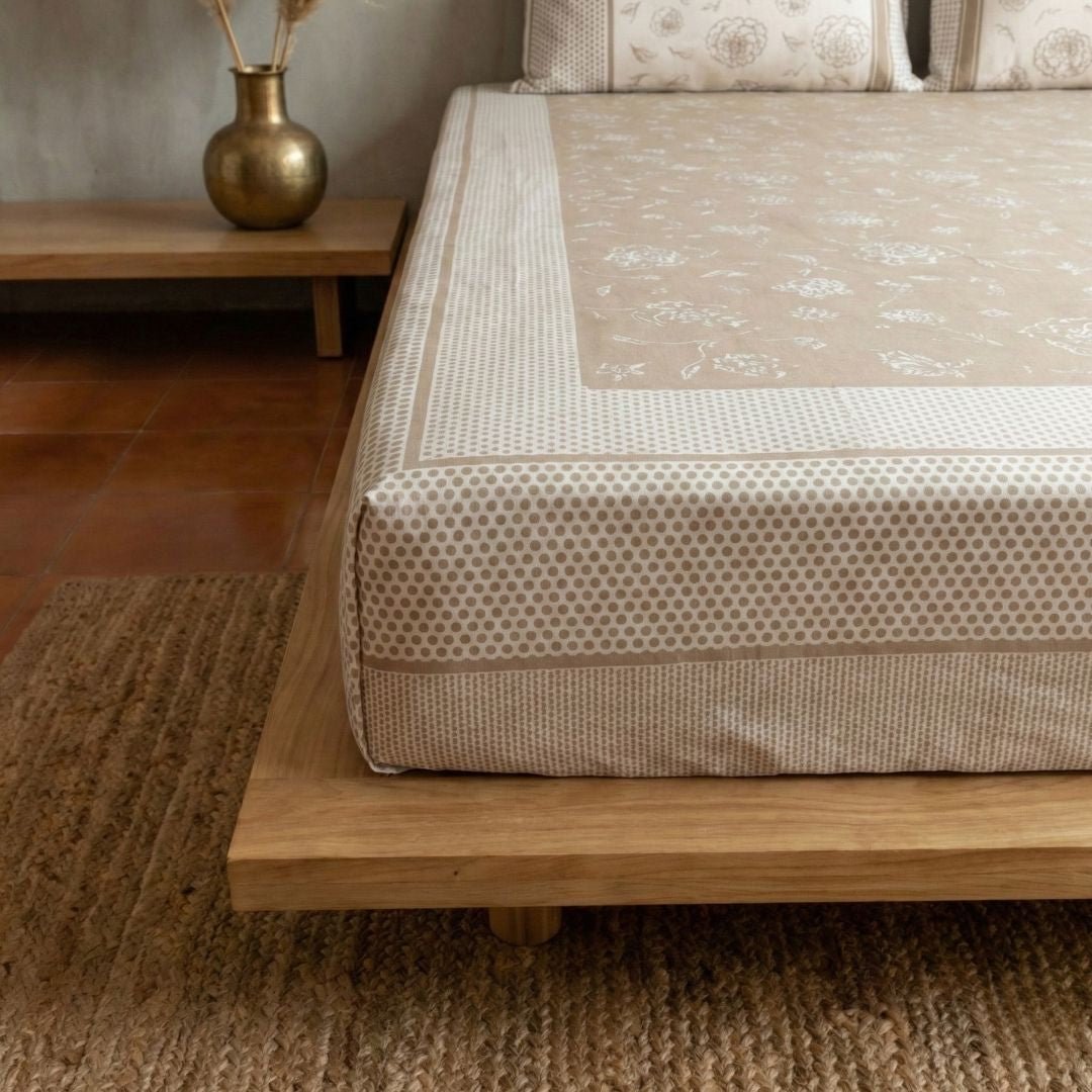 Taupe and Off White Pure Cotton Bedsheet | Queen and King Size | Handprinted