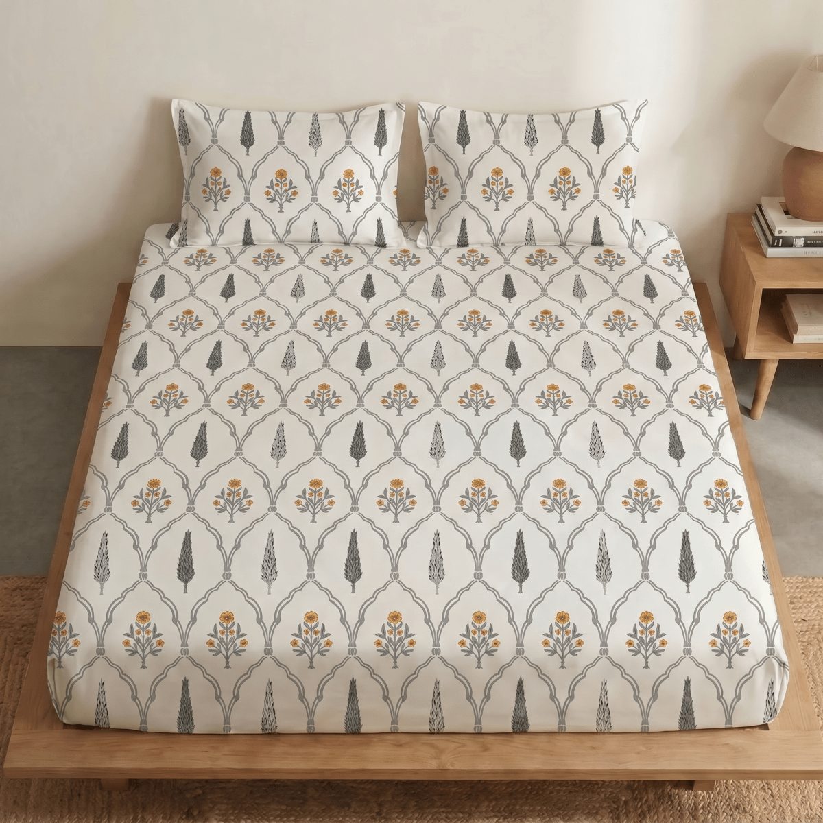 Cotton Bed sheet Set With 2 Pillow Covers| Pure Cotton Hand Printed In Cypress Yellow |  Queen size