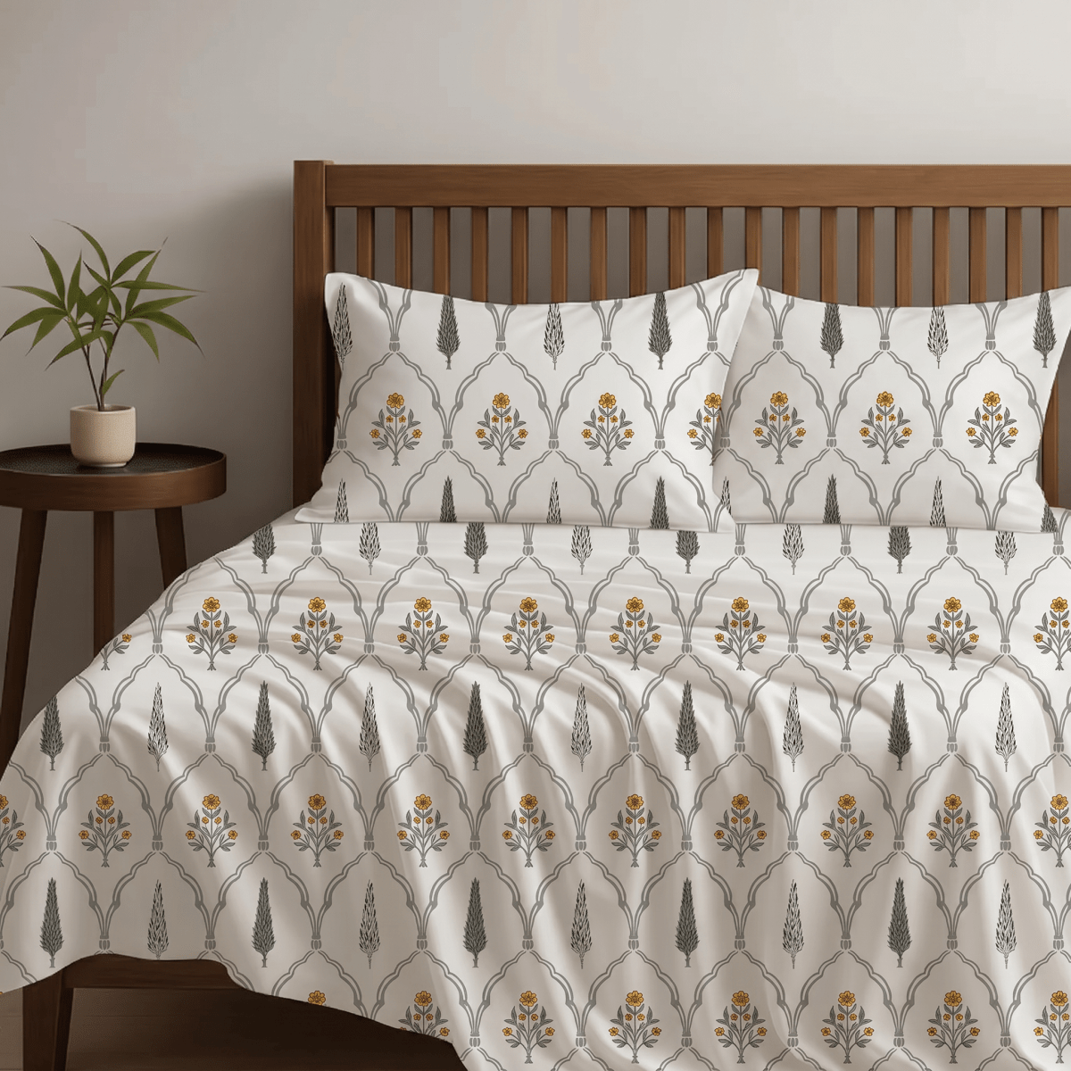 Cotton Bed sheet Set With 2 Pillow Covers| Pure Cotton Hand Printed In Cypress Yellow |  Queen size