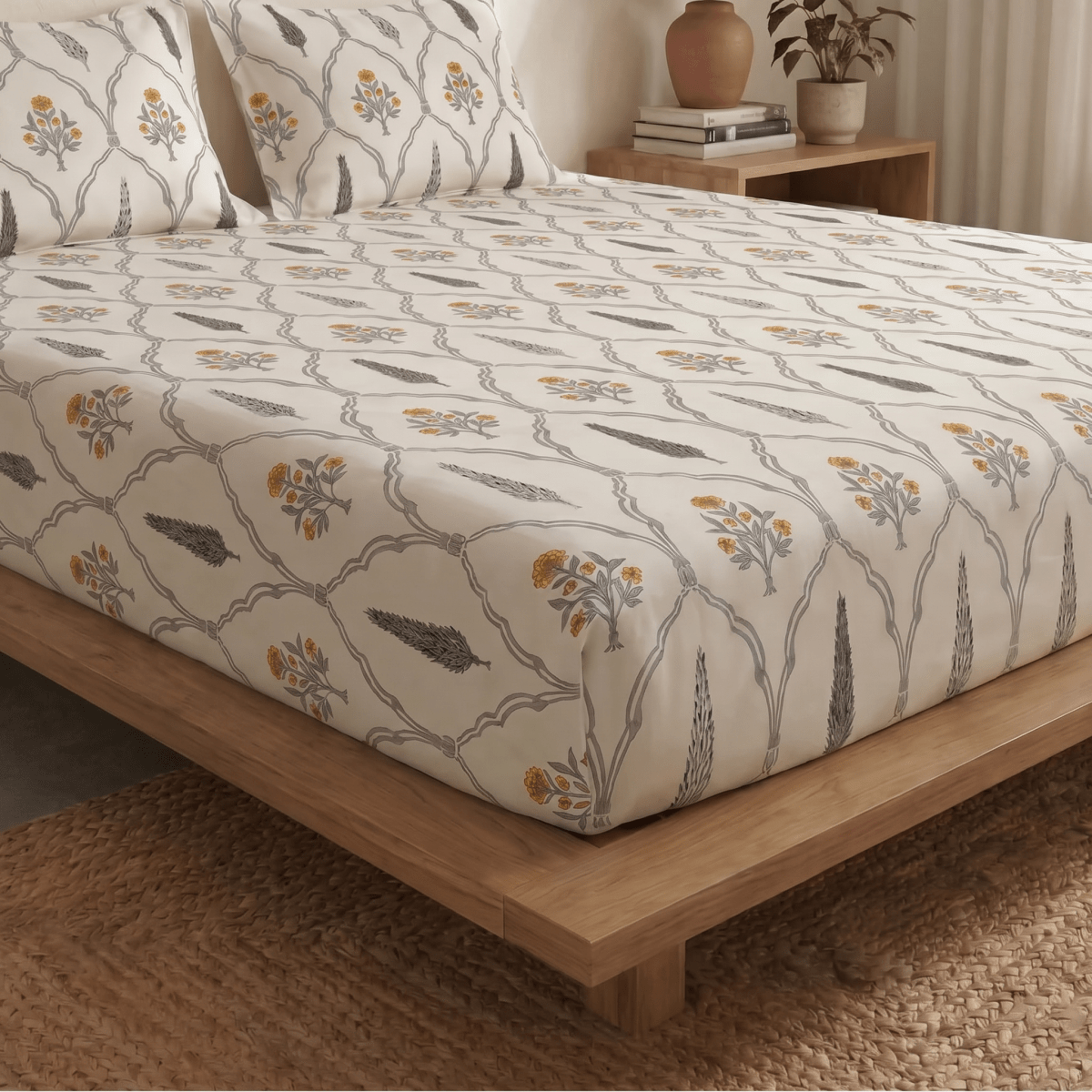 Cotton Bed sheet Set With 2 Pillow Covers| Pure Cotton Hand Printed In Cypress Yellow |  Queen size