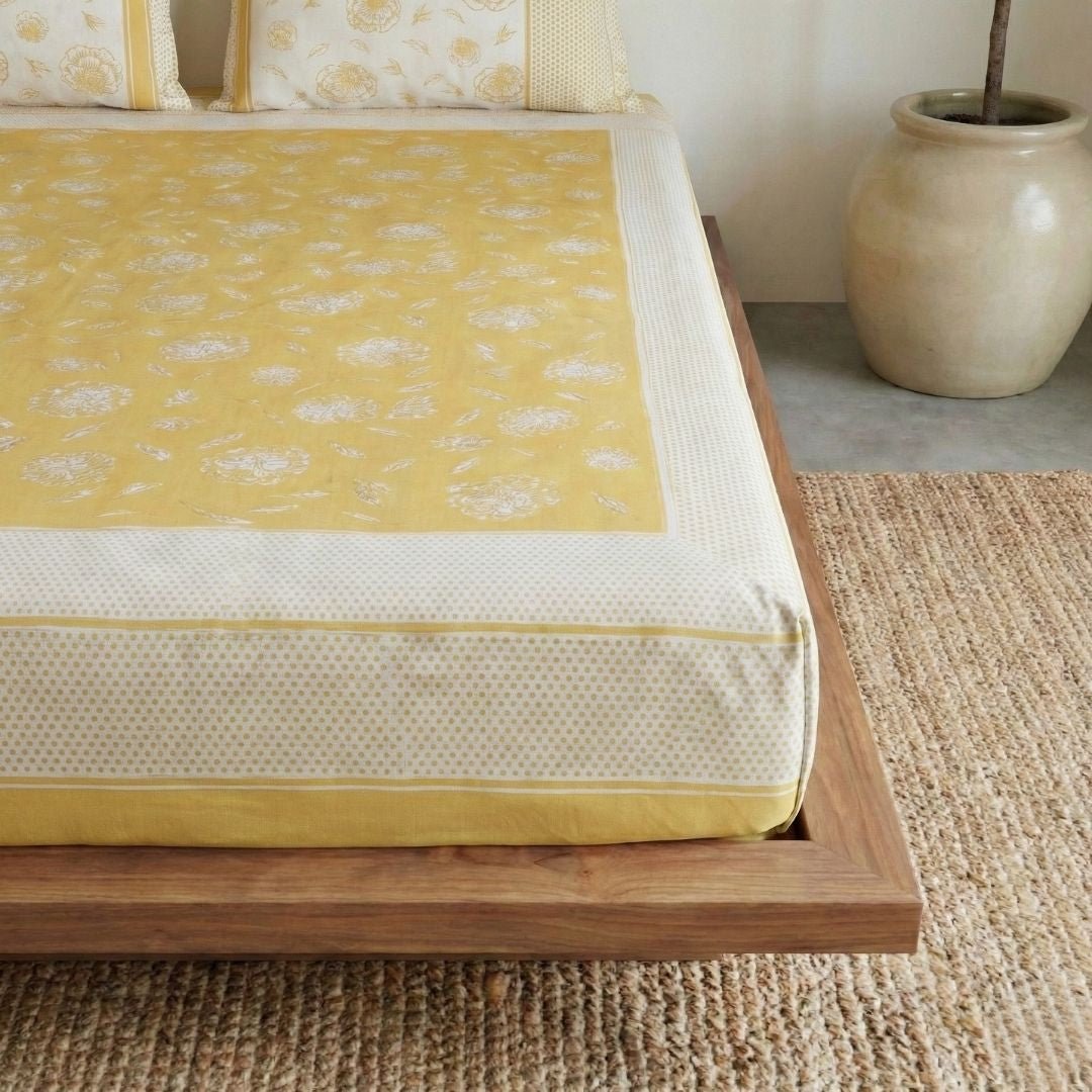 Mustard and Off White Pure Cotton Bedsheet | Queen and King Size | Handprinted