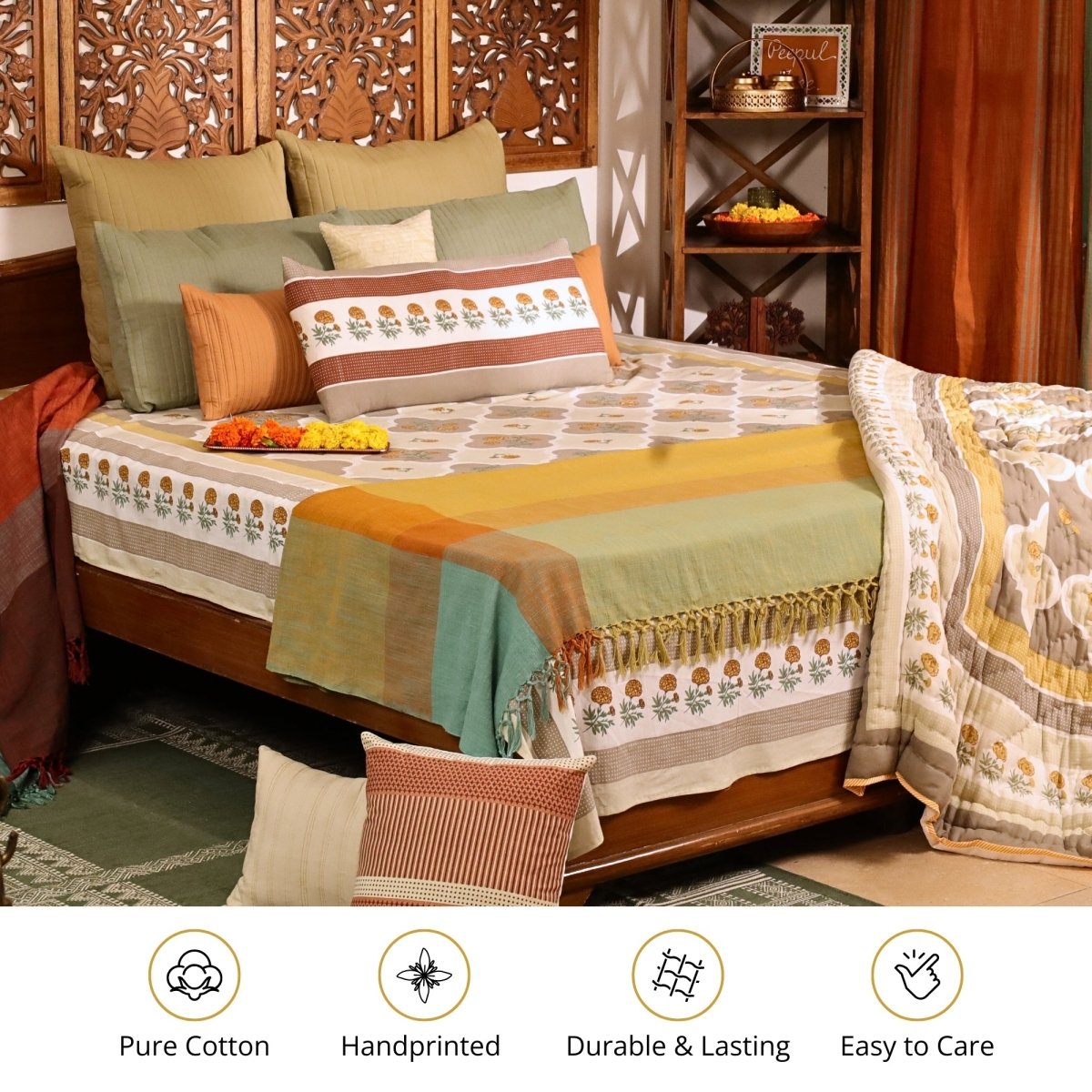 Ivory and Taupe Pure Cotton Bedcover | Single and Queen | Handprinted