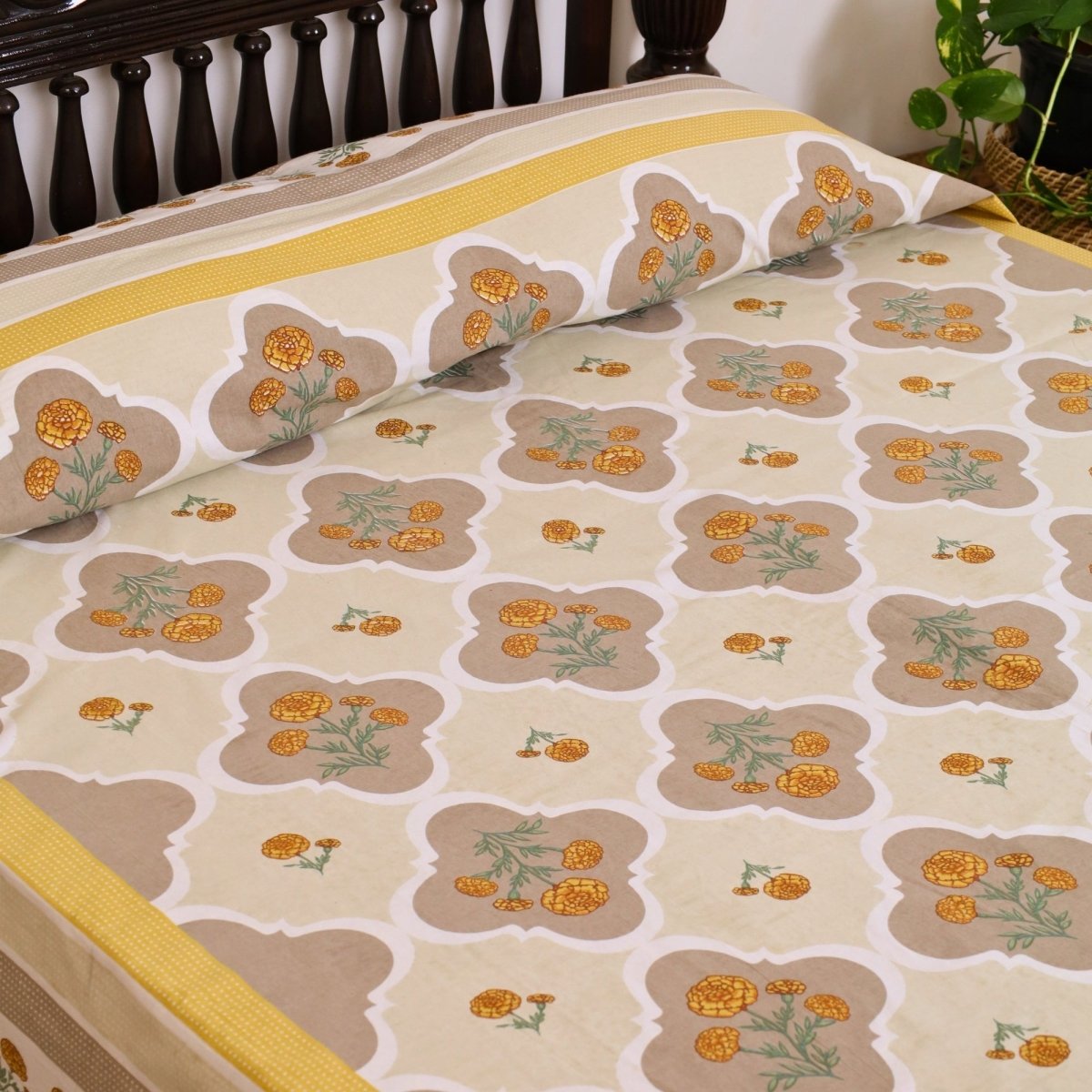 Ivory and Taupe Pure Cotton Bedcover | Single and Queen | Handprinted