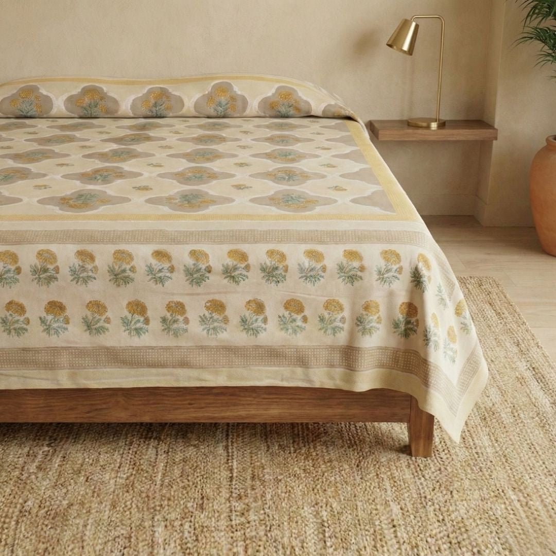 Ivory and Taupe Pure Cotton Bedcover | Single and Queen | Handprinted