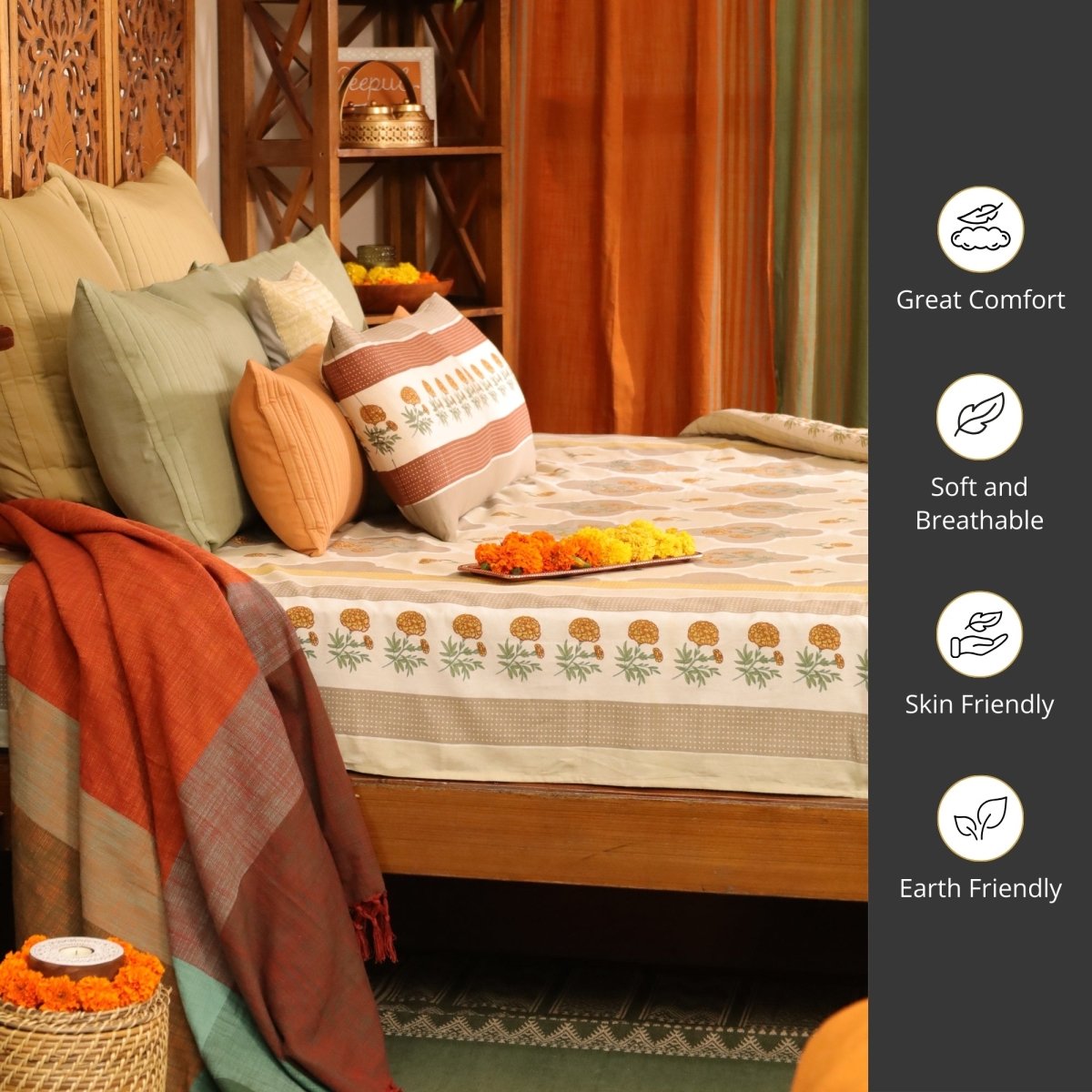Ivory and Taupe Pure Cotton Bedcover | Single and Queen | Handprinted