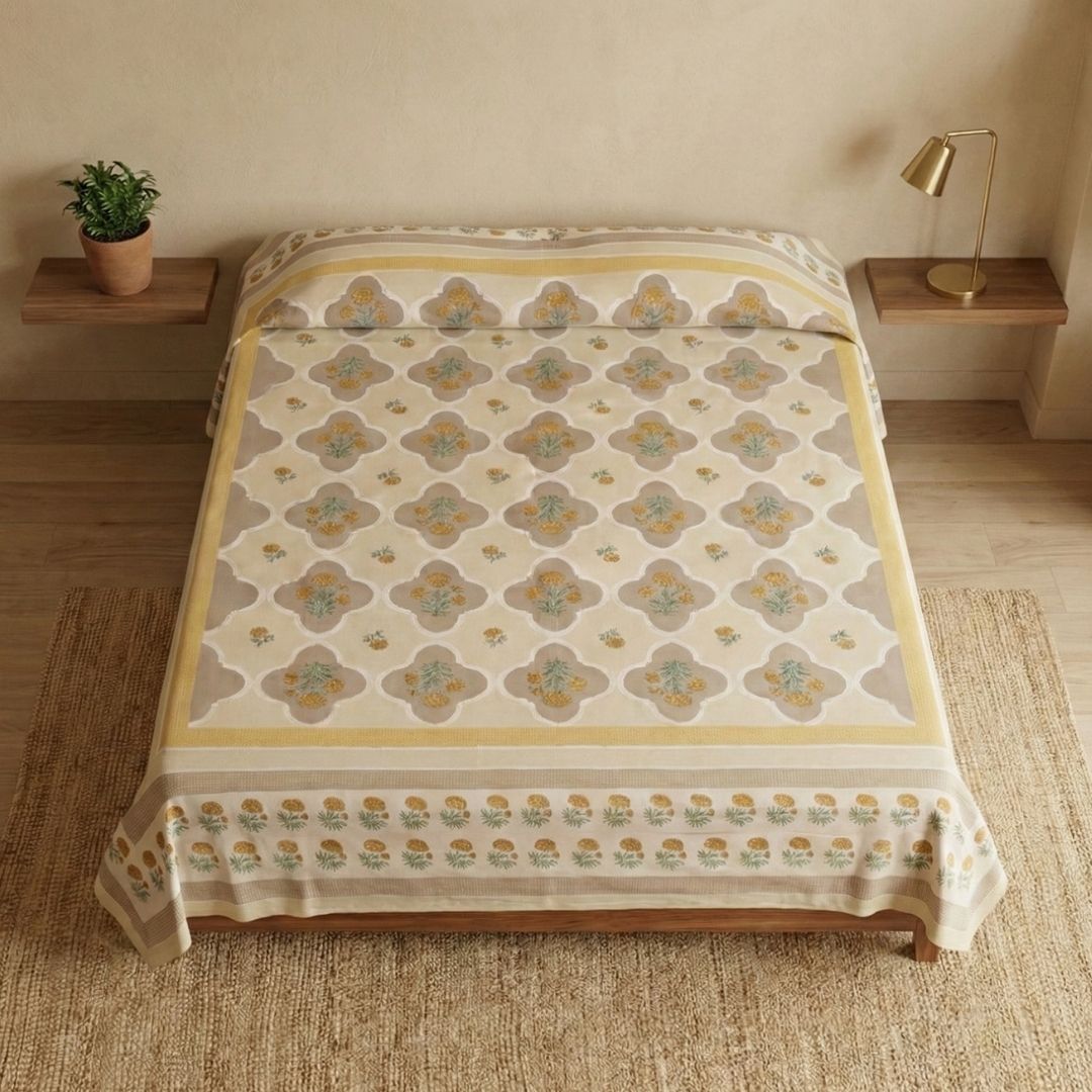 Ivory and Taupe Pure Cotton Bedcover | Single and Queen | Handprinted
