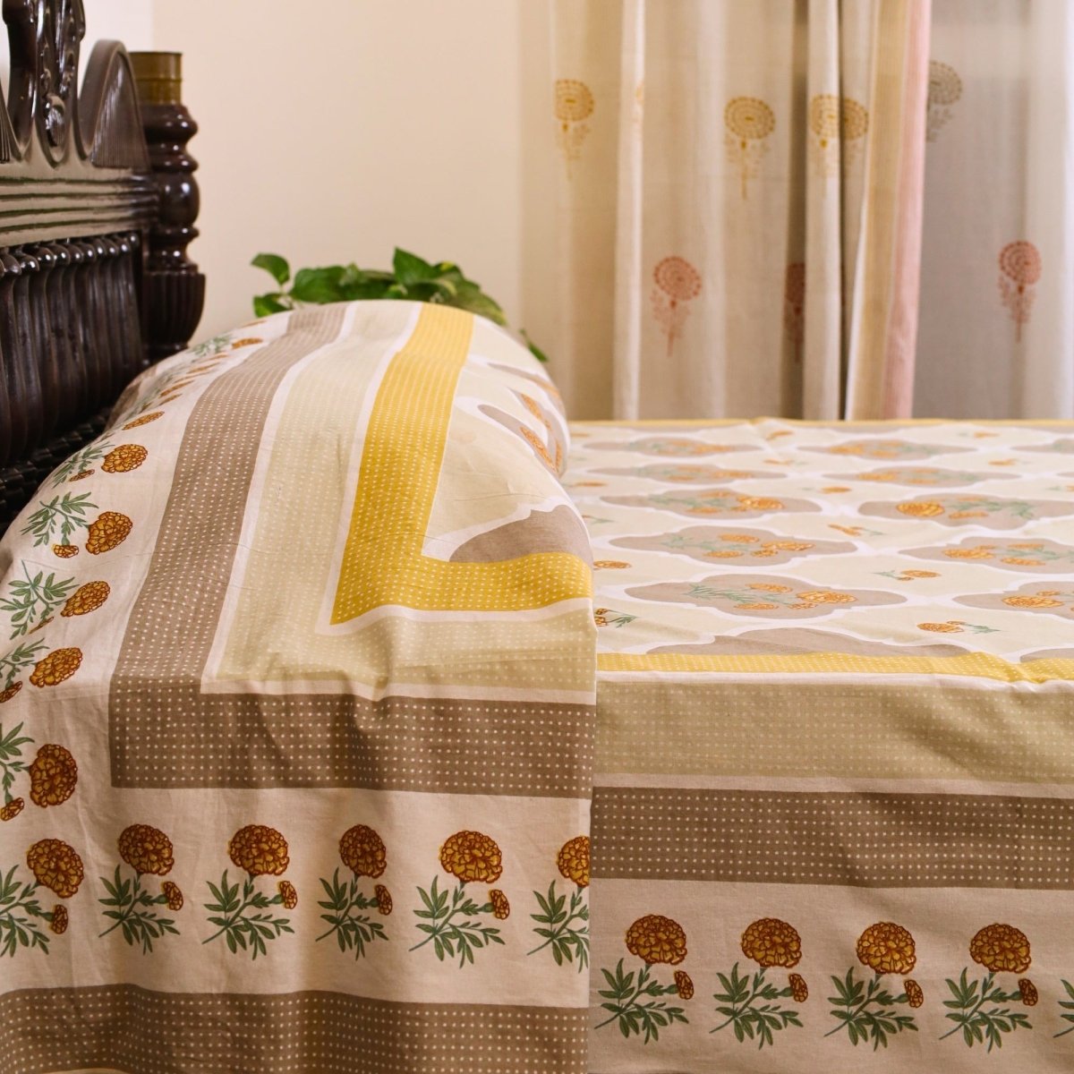 Ivory and Taupe Pure Cotton Bedcover | Single and Queen | Handprinted