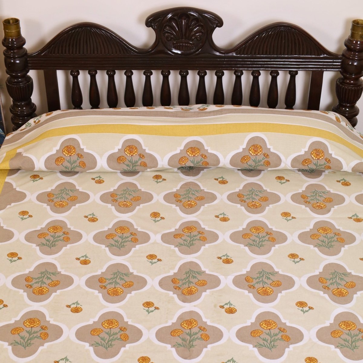 Ivory and Taupe Pure Cotton Bedcover | Single and Queen | Handprinted