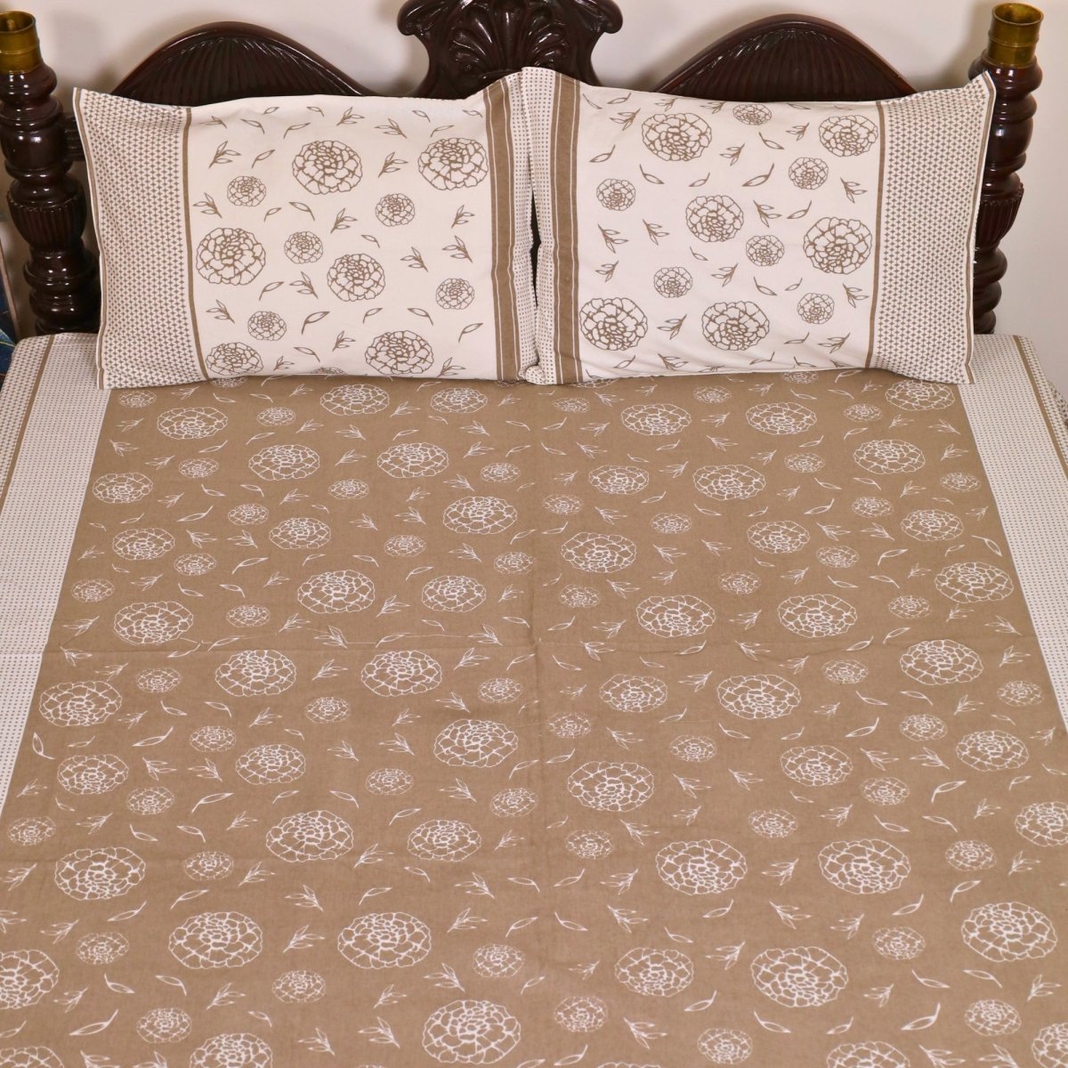 Taupe and Off White Pure Cotton Bedsheet | Queen and King Size | Handprinted
