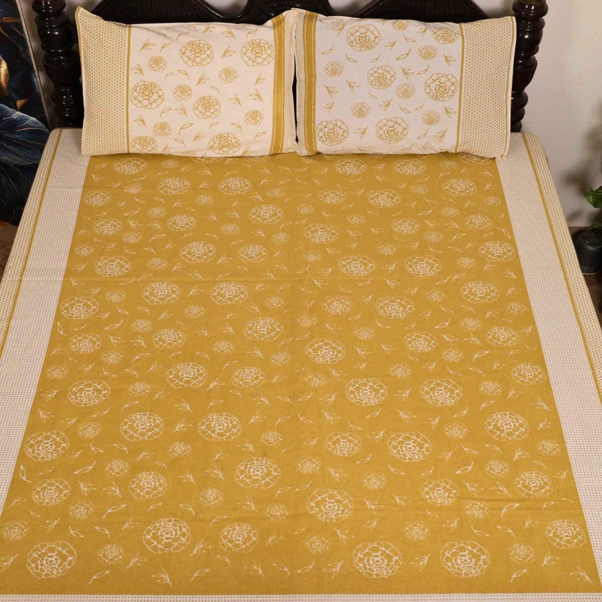 Mustard and Off White Pure Cotton Bedsheet | Queen and King Size | Handprinted