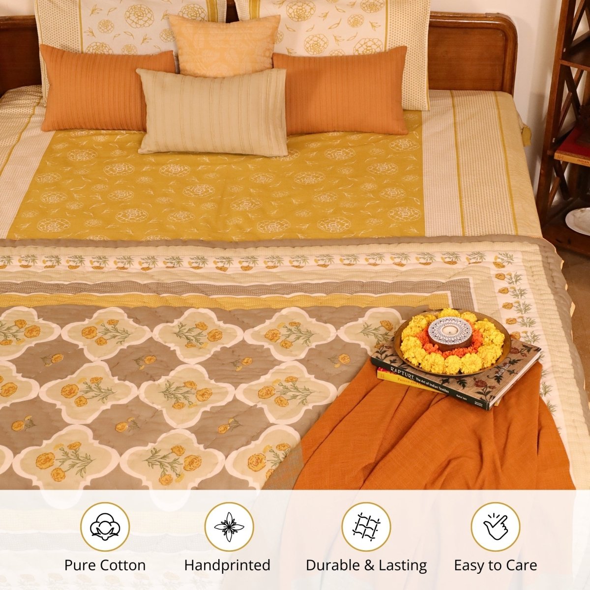 Mustard and Off White Pure Cotton Bedsheet | Queen and King Size | Handprinted