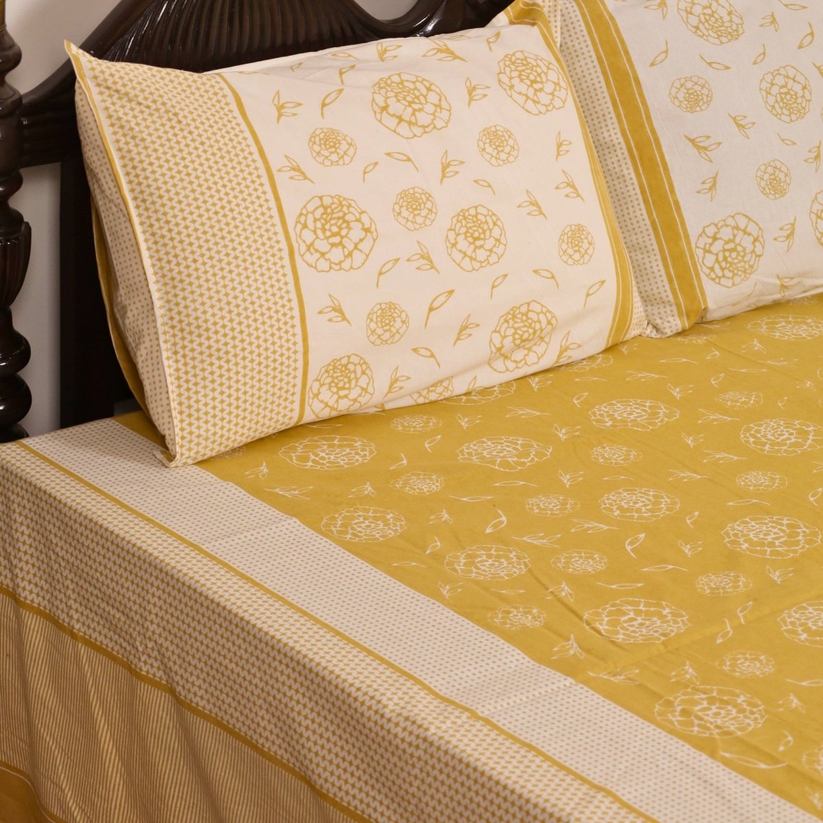 Mustard and Off White Pure Cotton Bedsheet | Queen and King Size | Handprinted