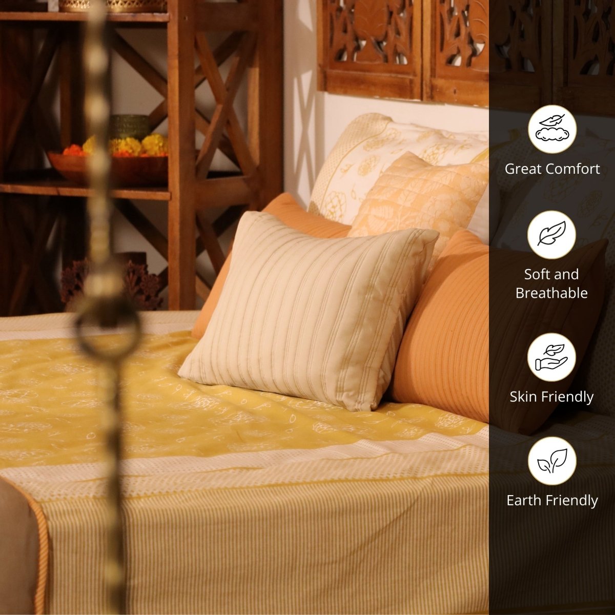 Mustard and Off White Pure Cotton Bedsheet | Queen and King Size | Handprinted