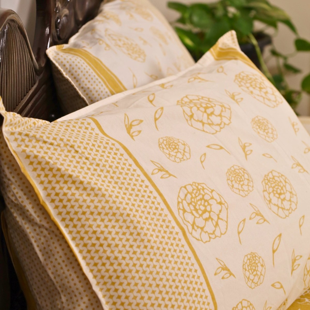 Mustard and Off White Pure Cotton Bedsheet | Queen and King Size | Handprinted