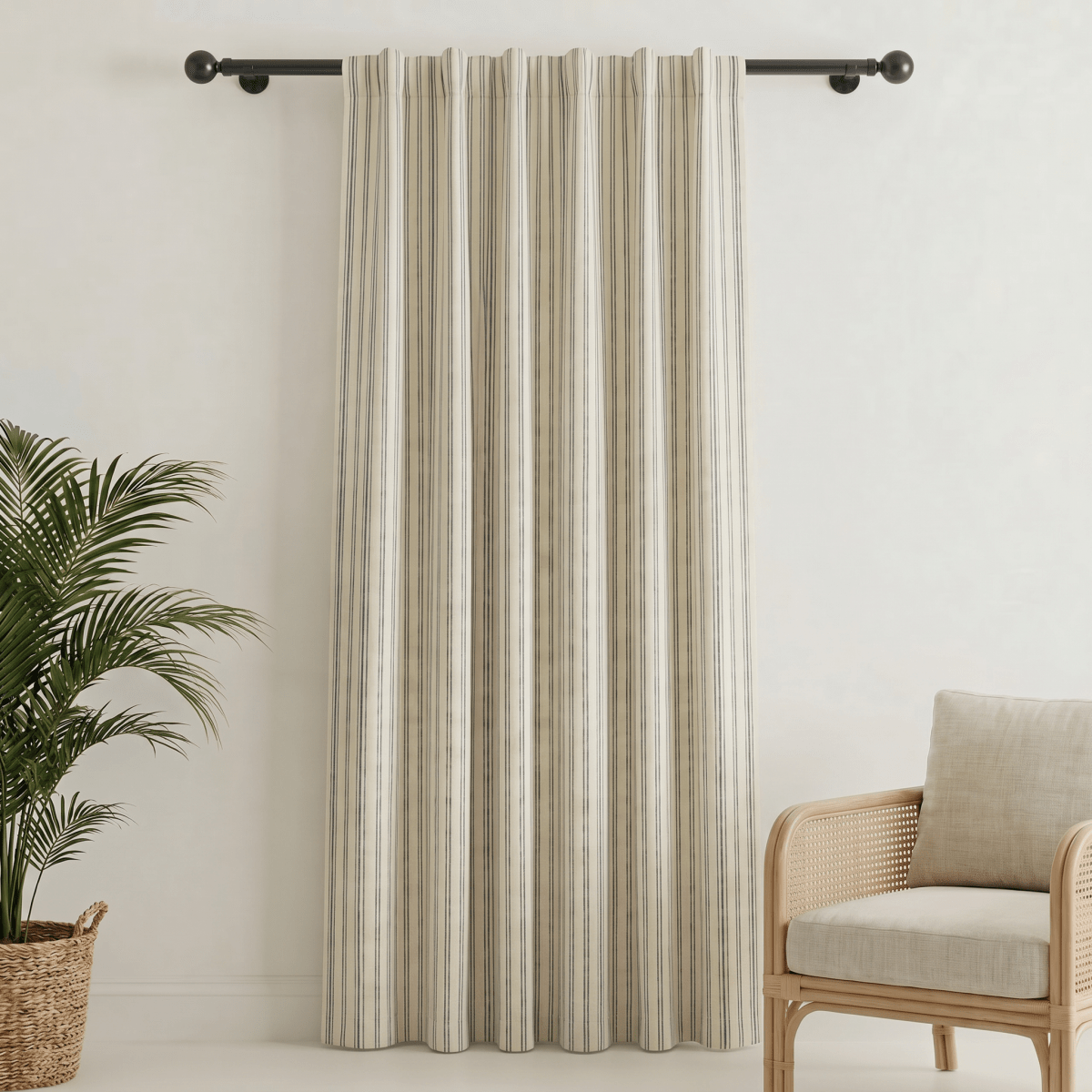 Pure Cotton Curtains in off white and charcoal colours with Double Stripes, available in 7ft pack of 1 and 2