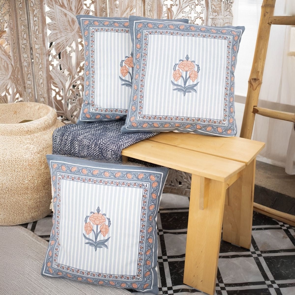 Blue and Dusty Pink Cotton Cushion Cover | 18x18 in | Set of 3, 4 and 5 | Floral Design