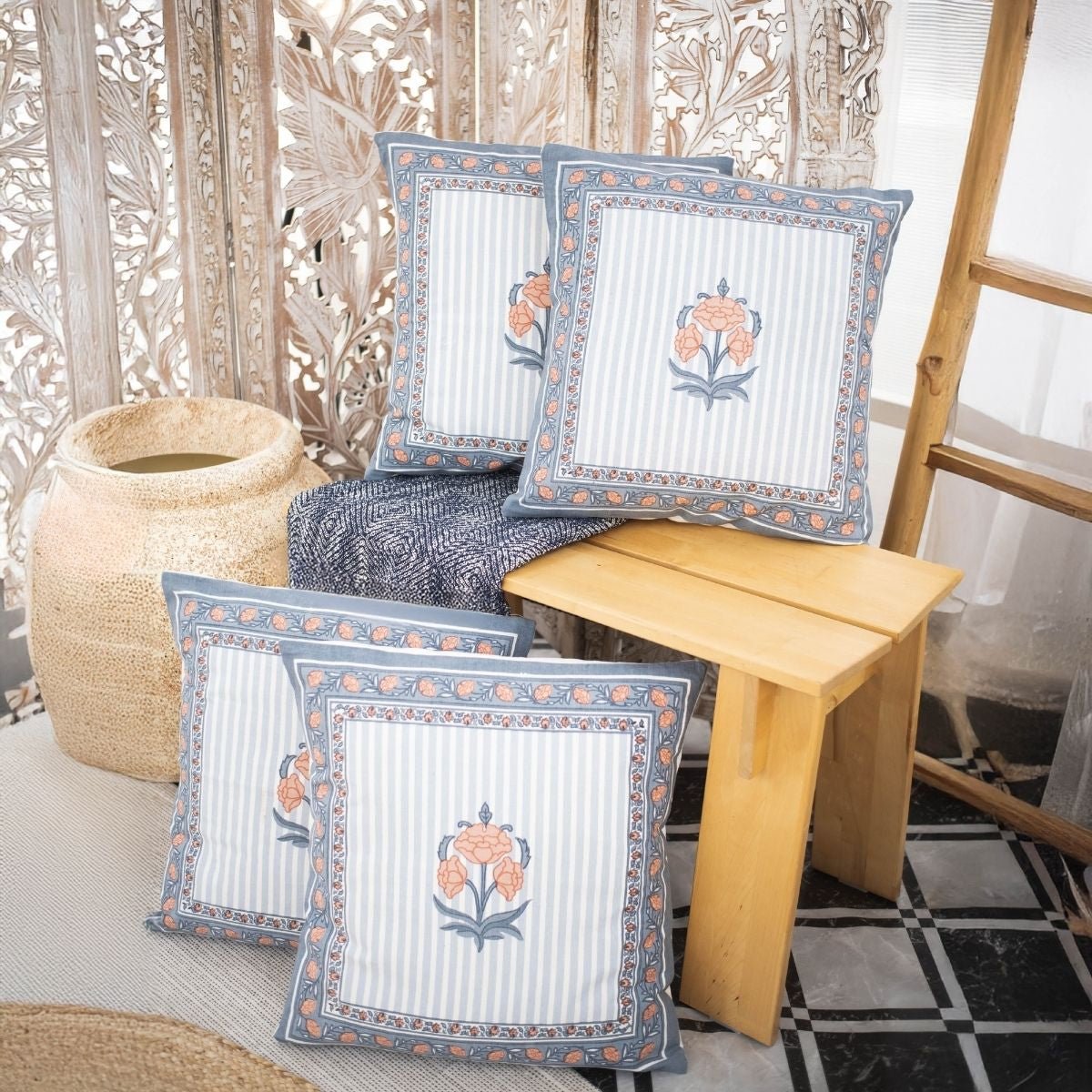Blue and Dusty Pink Cotton Cushion Cover | 18x18 in | Set of 3, 4 and 5 | Floral Design