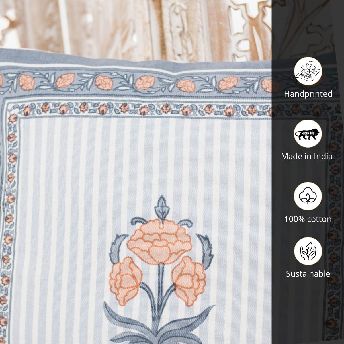 Blue and Dusty Pink Cotton Cushion Cover | 18x18 in | Set of 3, 4 and 5 | Floral Design