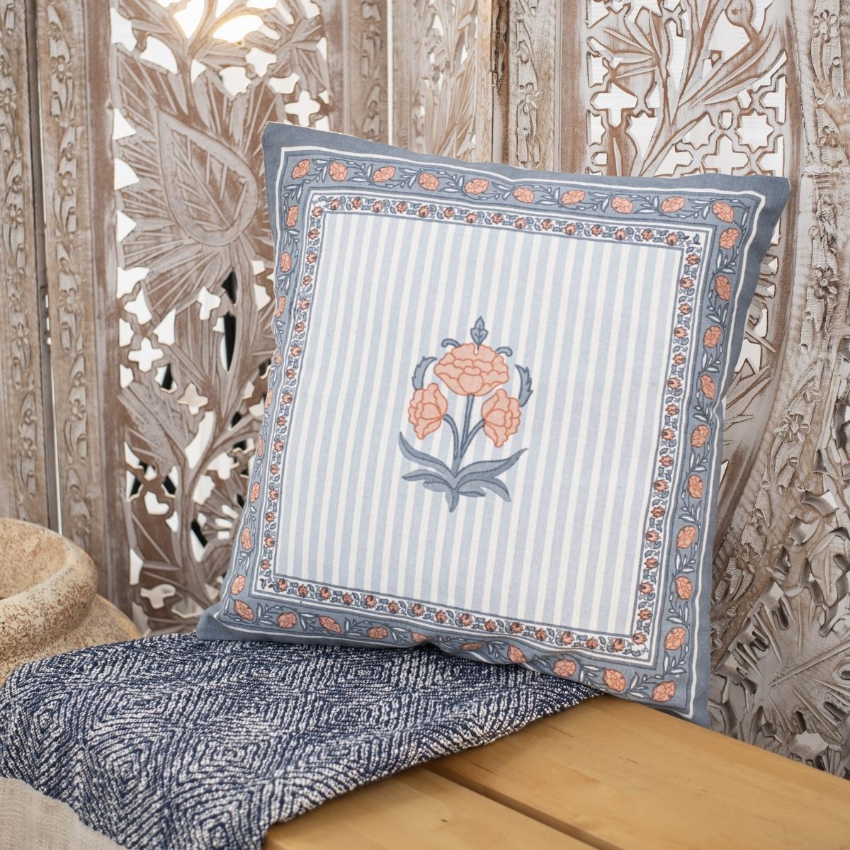 Blue and Dusty Pink Cotton Cushion Cover | 18x18 in | Set of 3, 4 and 5 | Floral Design