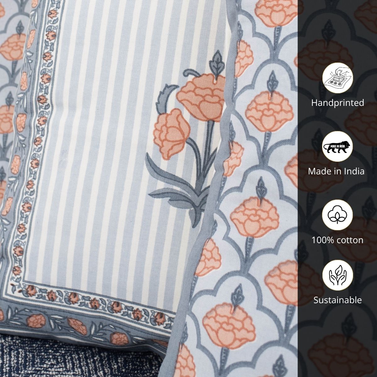 Blue and Dusty Pink Cotton Cushion Cover | 18x18 in | Set of 3 | Floral and Jaali Design