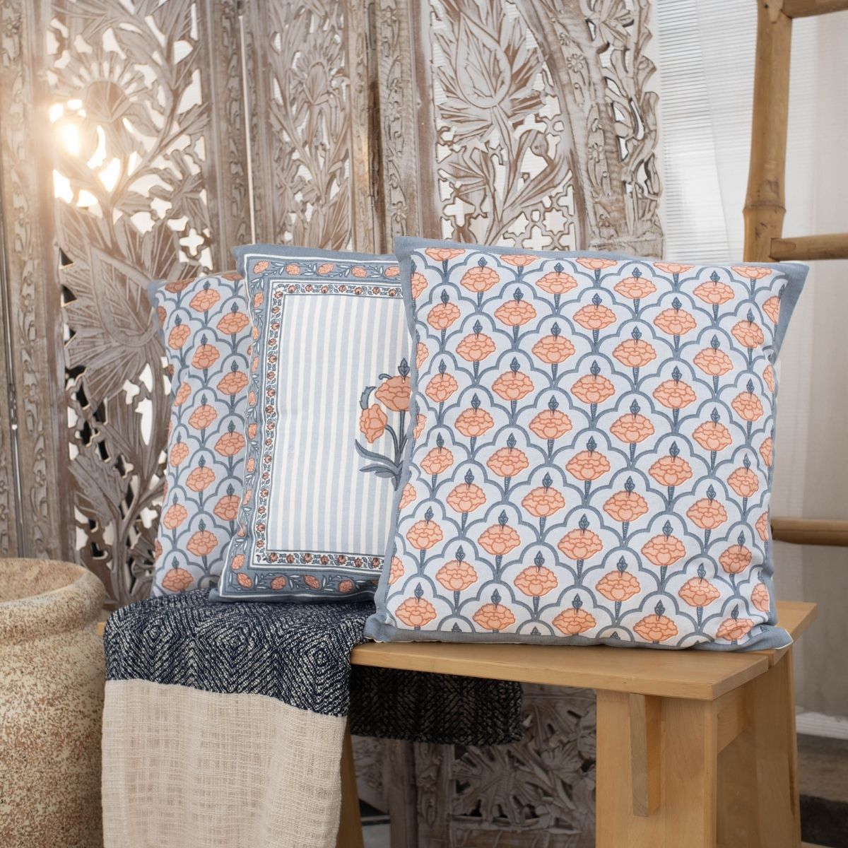 Blue and Dusty Pink Cotton Cushion Cover | 18x18 in | Set of 3 | Floral and Jaali Design