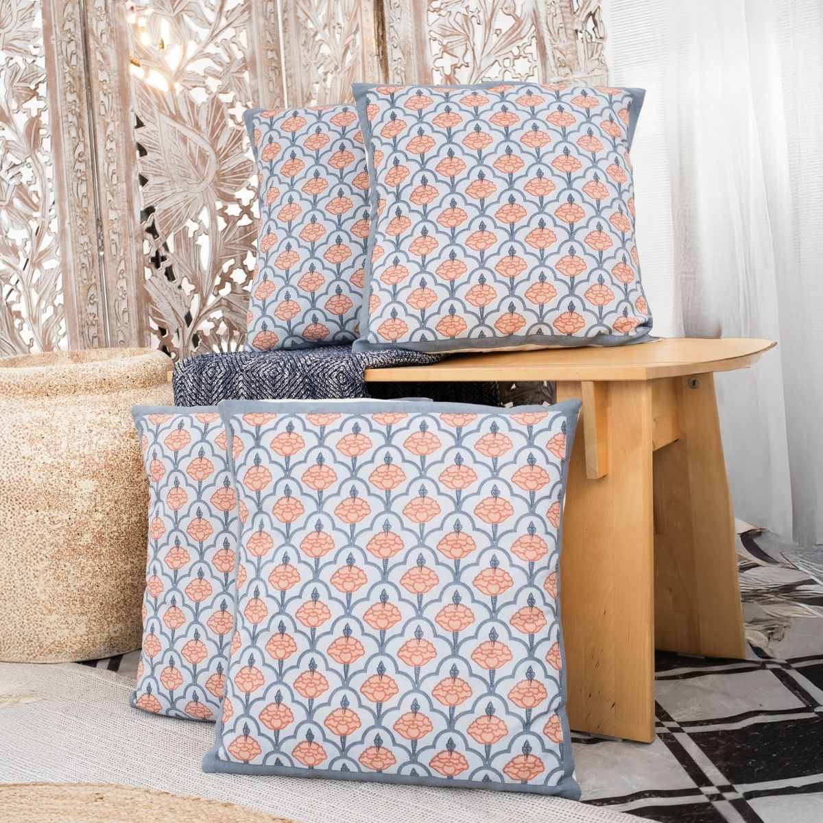 Blue and Dusty Pink Cotton Cushion Cover | 18x18 in | Set of 3, 4 and 5 | Jaali Design