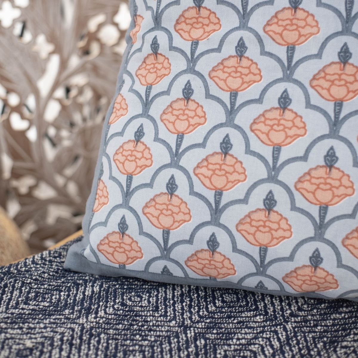 Blue and Dusty Pink Cotton Cushion Cover | 18x18 in | Set of 3, 4 and 5 | Jaali Design