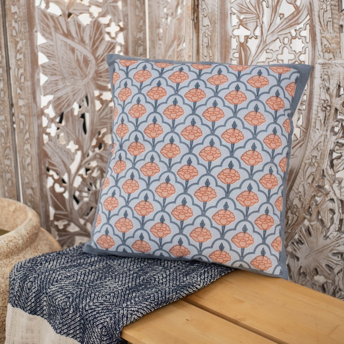 Blue and Dusty Pink Cotton Cushion Cover | 18x18 in | Set of 3, 4 and 5 | Jaali Design