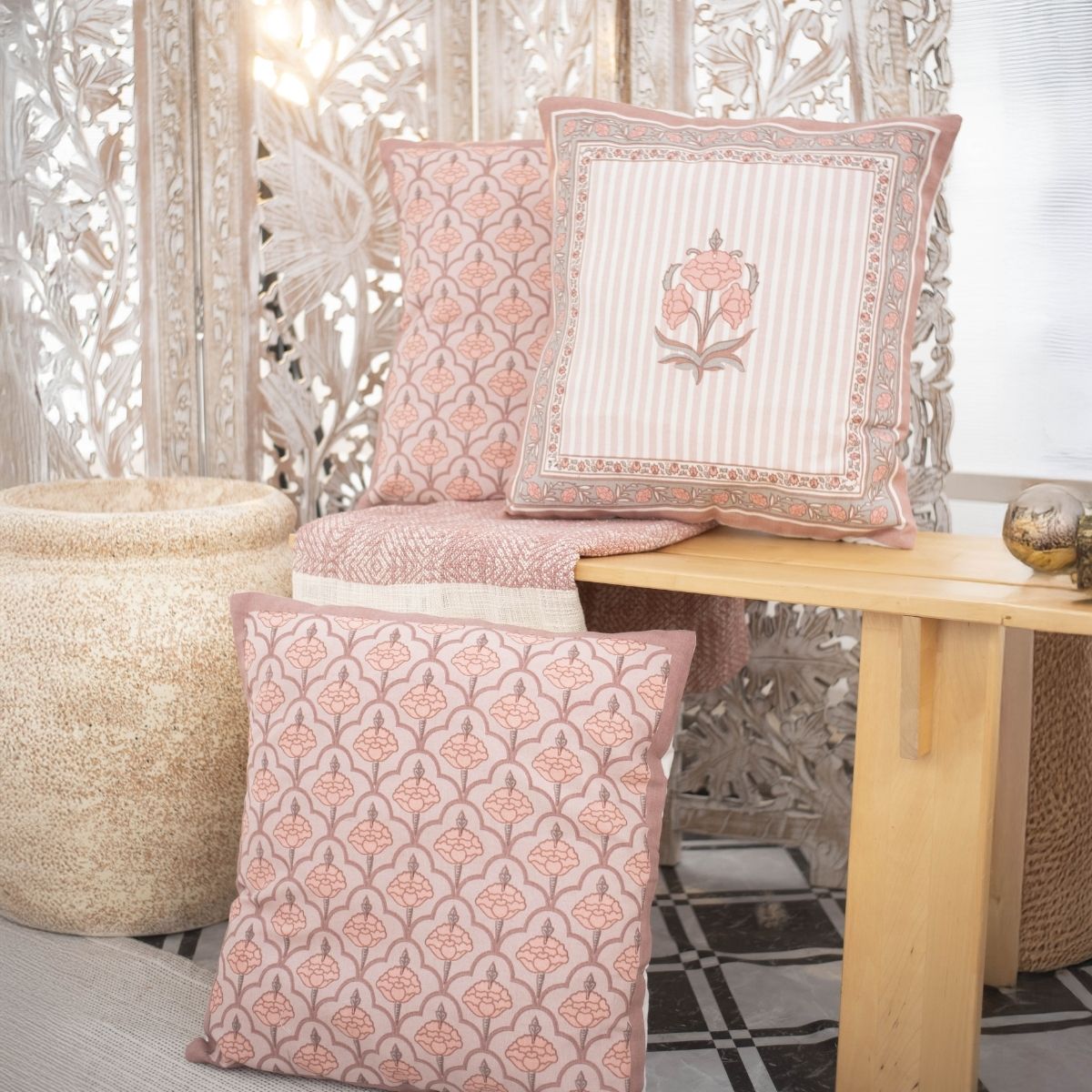 Dusty Pink Cotton Cushion Cover | 18x18 in | Set of 3 | Floral and Jaali Design