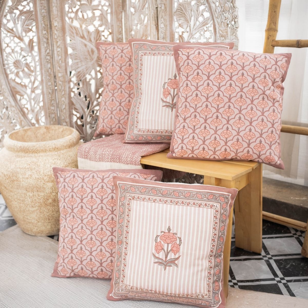 Dusty Pink Cotton Cushion Cover | 18x18 in | Set of 5 | Floral and Jaali Design