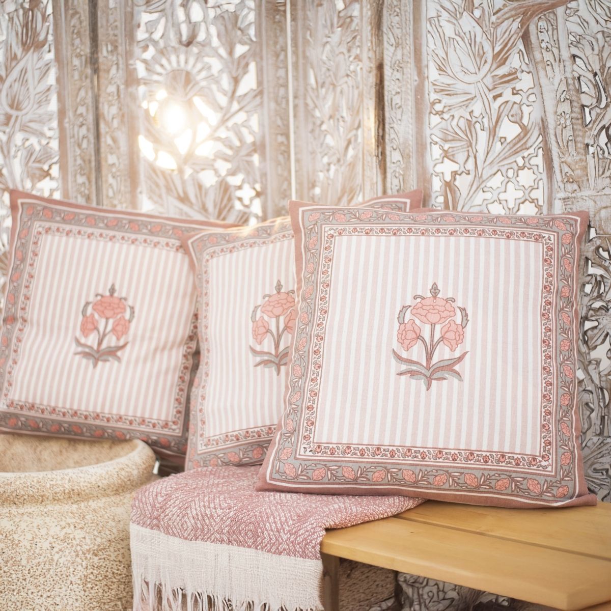 Dusty Pink Cotton Cushion Cover | 18x18 in | Set of 3, 4 and 5 | Floral Design