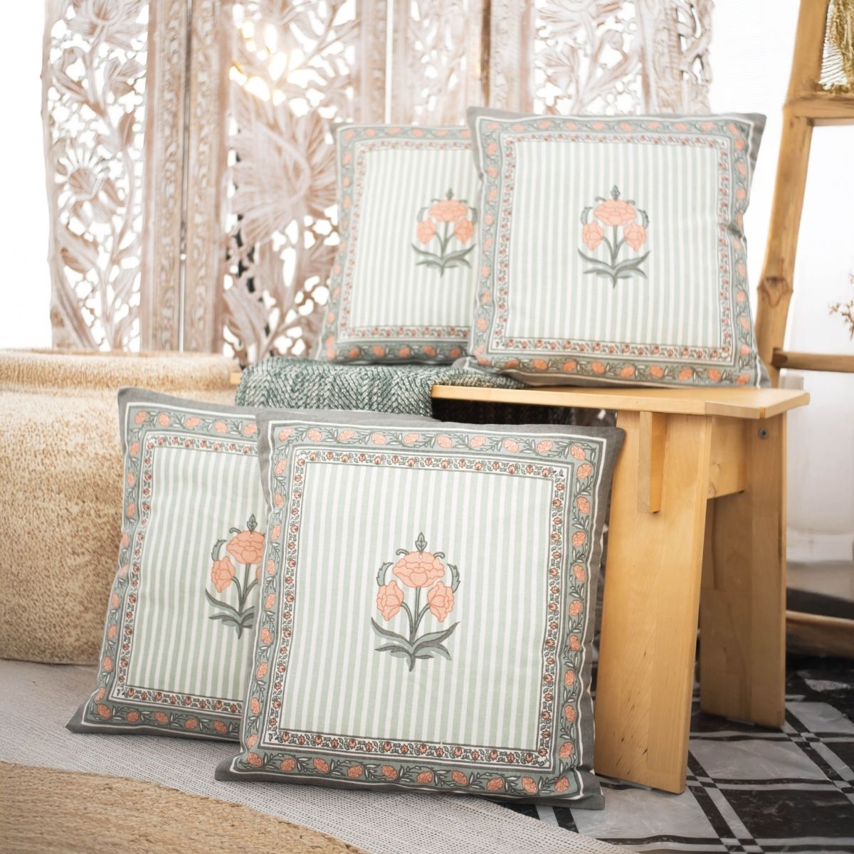 Green and Dusty Pink Cotton Cushion Cover | 18x18 in | Set of 3, 4 and 5 | Floral Design