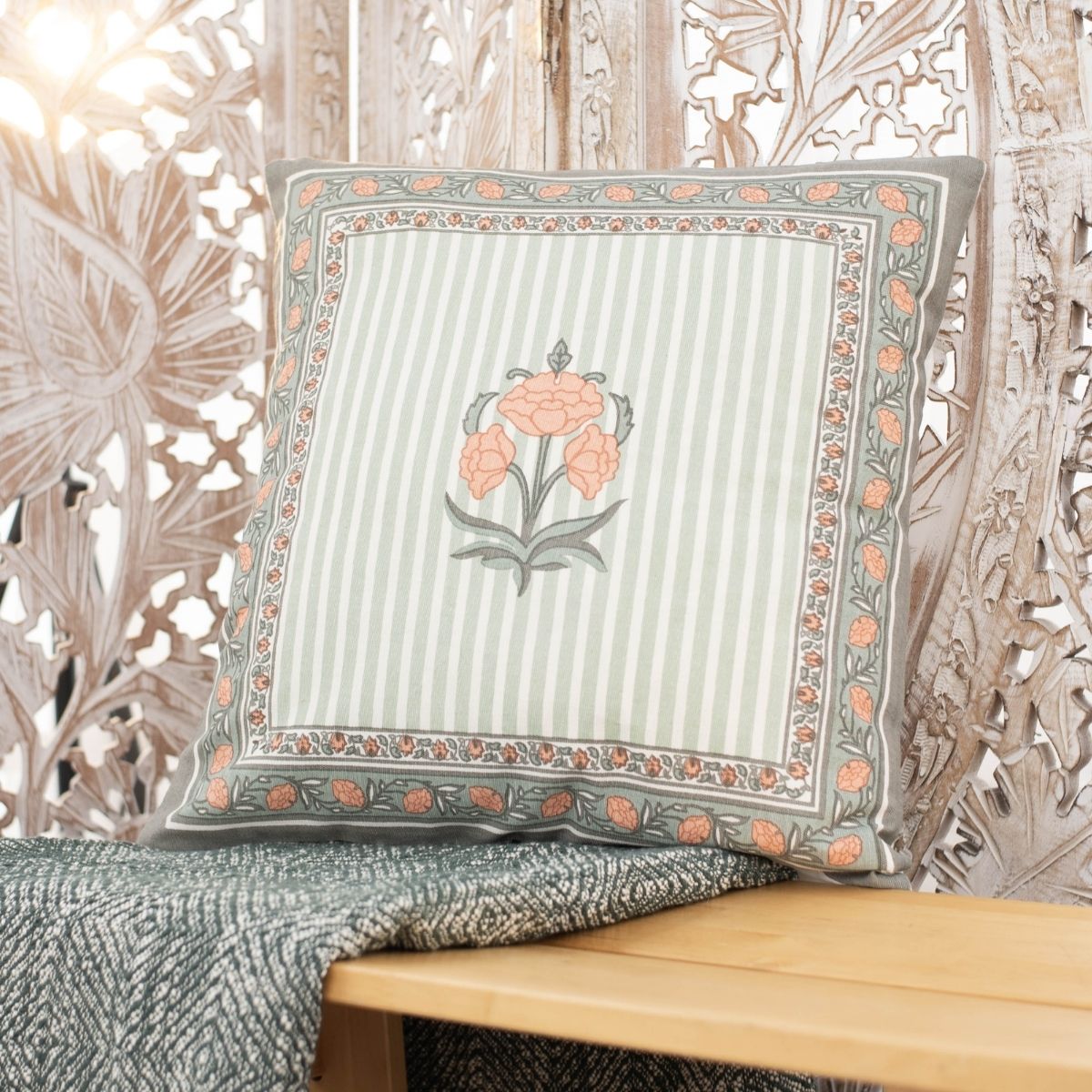 Green and Dusty Pink Cotton Cushion Cover | 18x18 in | Set of 3, 4 and 5 | Floral Design