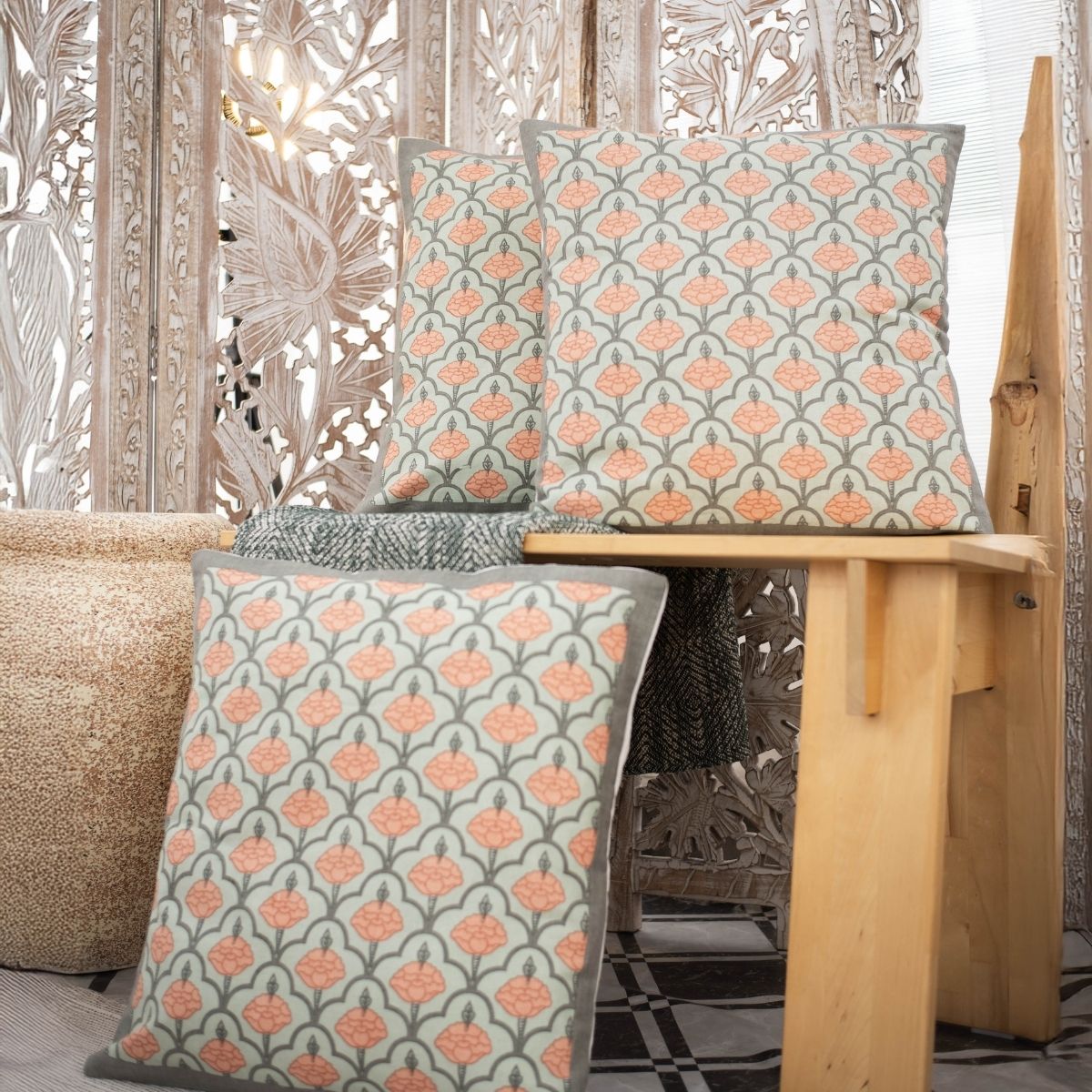 Green and Dusty Pink Cotton Cushion Cover | 18x18 in | Set of 3, 4 and 5 | Jaali Design