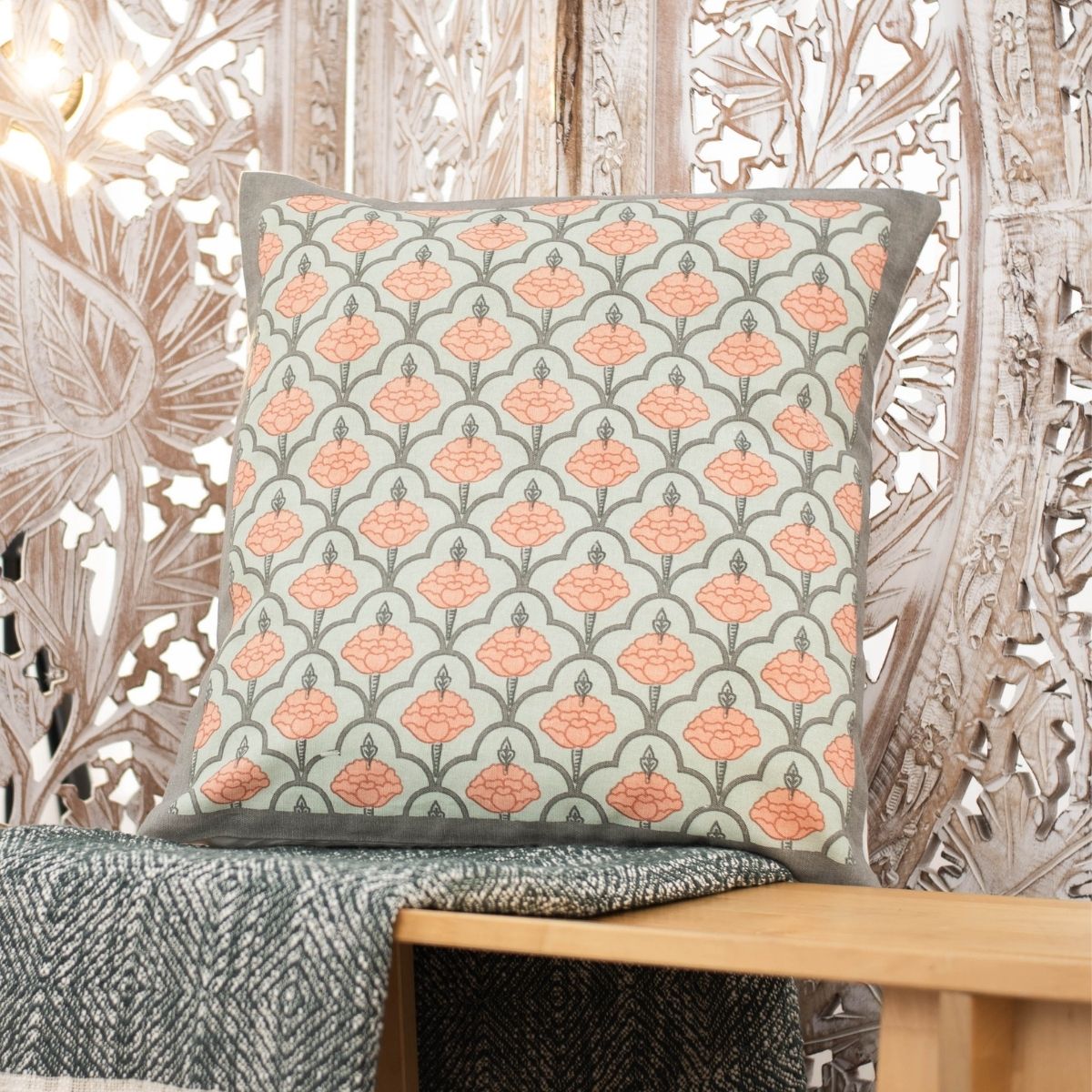 Green and Dusty Pink Cotton Cushion Cover | 18x18 in | Set of 3, 4 and 5 | Jaali Design
