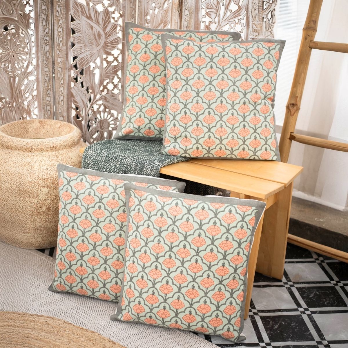 Green and Dusty Pink Cotton Cushion Cover | 18x18 in | Set of 3, 4 and 5 | Jaali Design